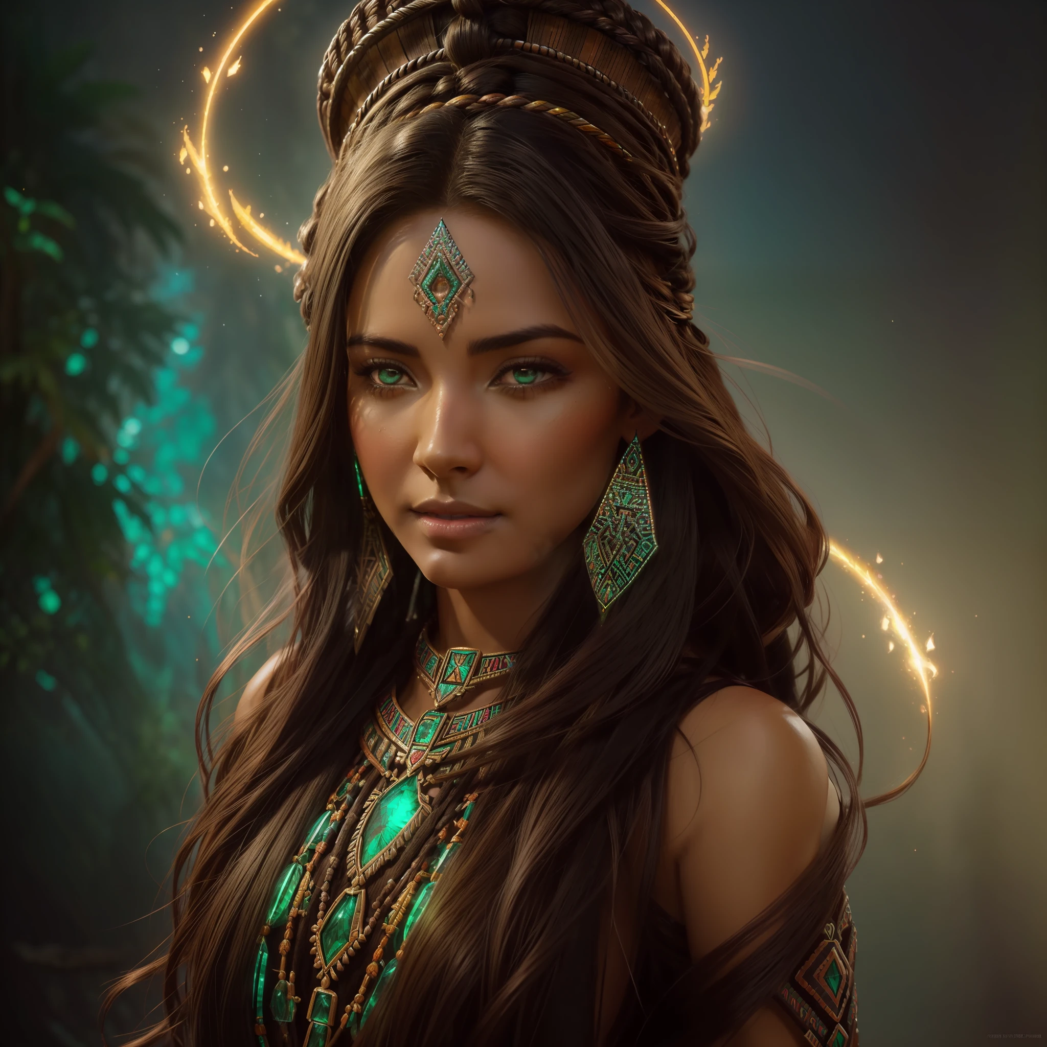 {Stunningly beautiful (Aztec beauty) with ((Aztec features in tan tones))) with long wavy black and lilac hair ((Aztec hair)) wearing elegant and intricate Aztec reyna clothing, ((luminous emerald eyes)), flawless dreamy face } highly detailed dynamic pose, mystic hieroglyphs in background, intricate motifs, bioluminescent organic tracery, seamless composition, twirling sunbeams, digital painting, artstation, concept art, sharp soft focus, illustration, Carne Griffiths, pixar, Michael Garmash, Frank Frazetta, Victo ngai, Jean Baptiste Monge, shining aura