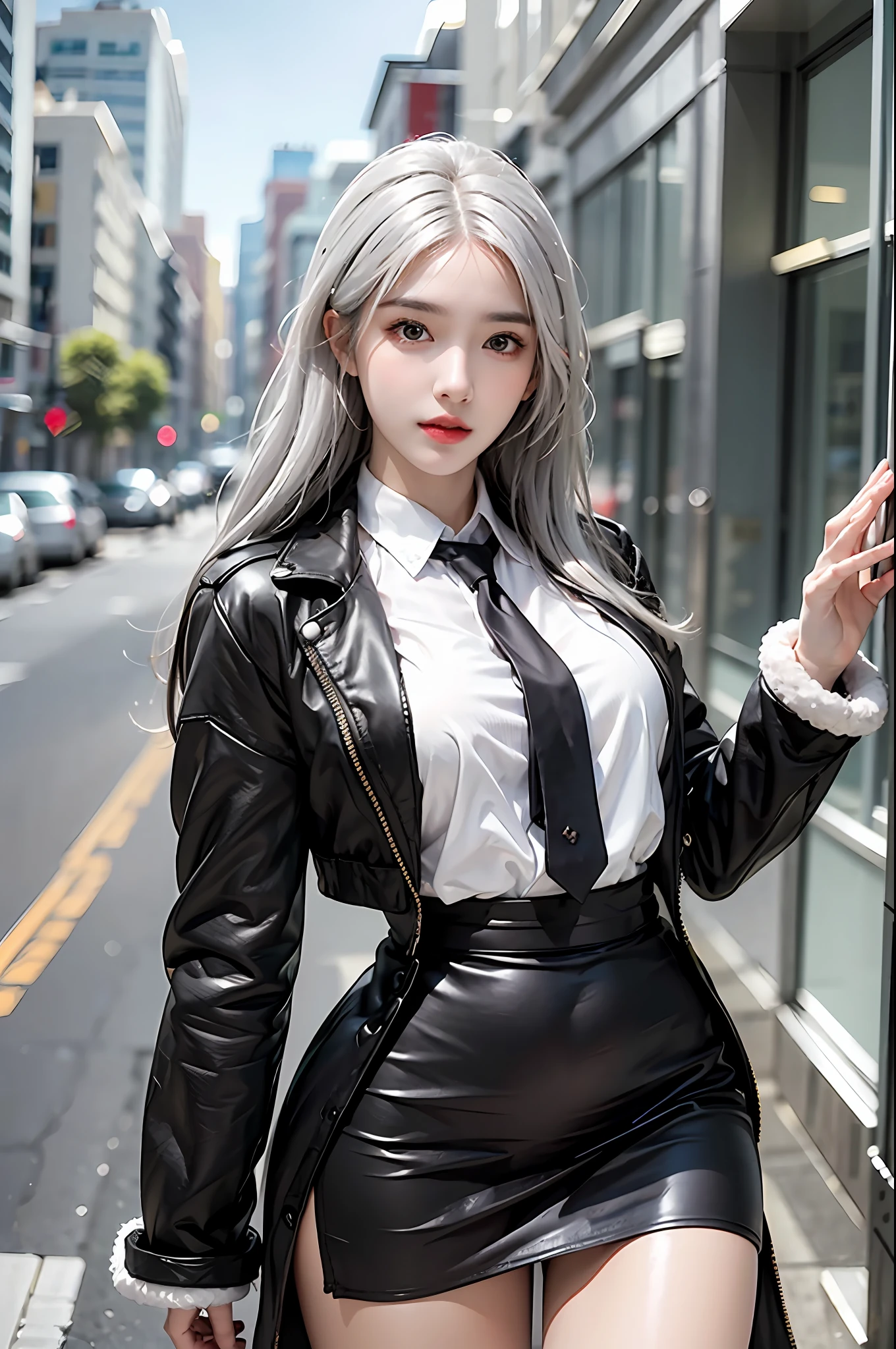 photorealistic, high resolution, 1 girl, hips up, beautiful eyes, white hair, long hair, ringed eyes, collared shirt,black necktie,black skirt, pencil skirt, fur coat