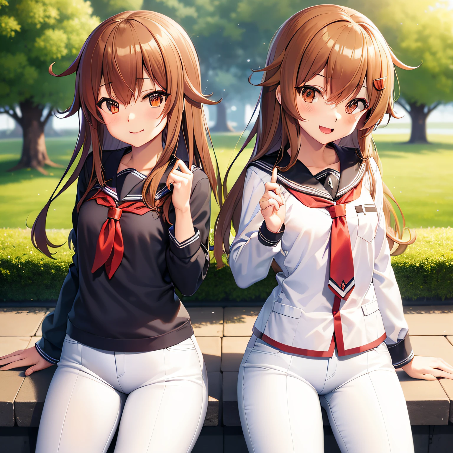 masutepiece,High quality,detaileds,Ikazuchi (kancolle),Strong smile,skinFang,Lori, Brown hair, flat chest, School uniform, （White pants on the lower body）
