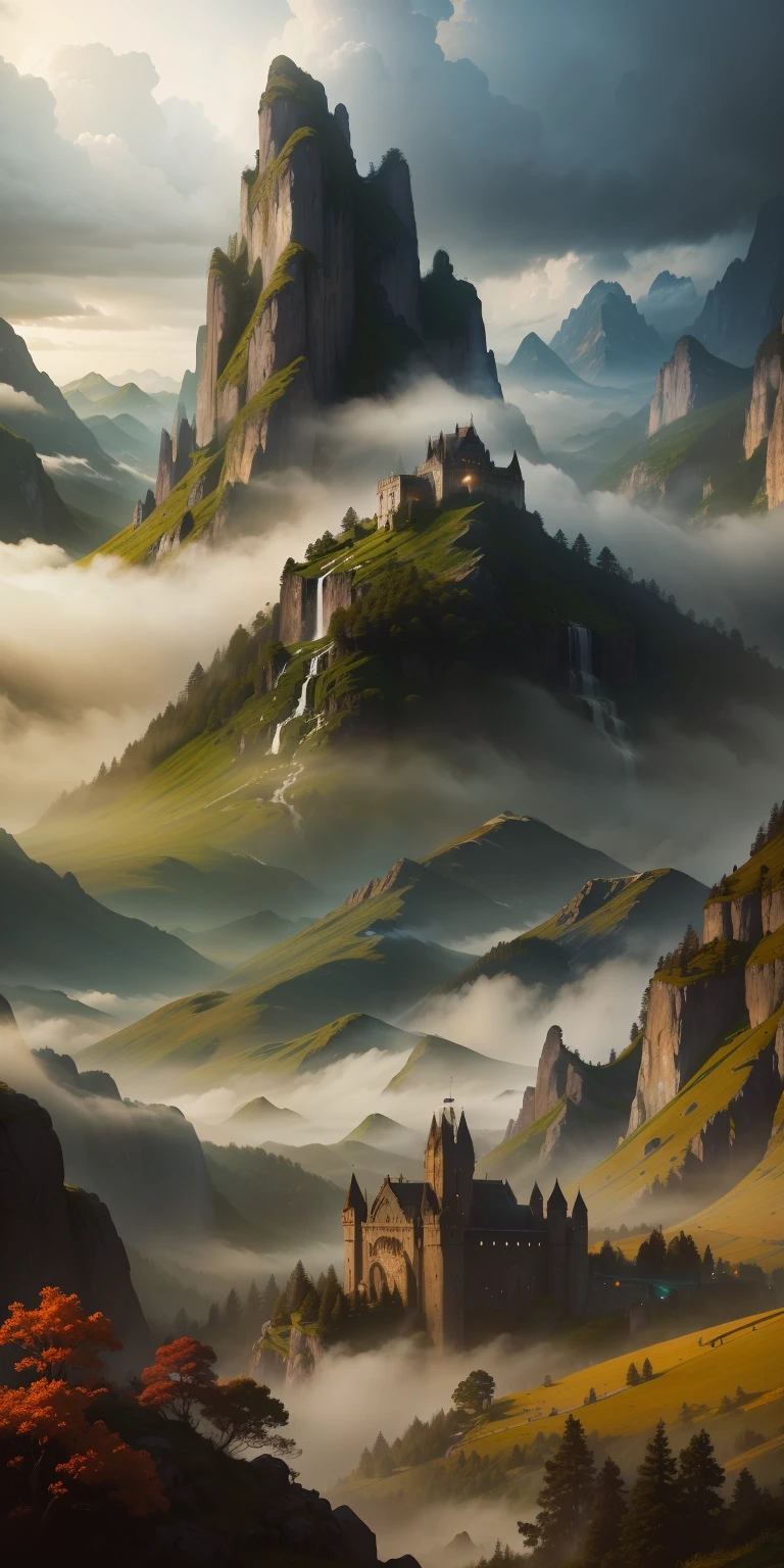 (masterpiece), (best quality), (incredible digital artwork), atmospheric scene inspired by a Peter Jackson fantasy movie, breathtaking landscape, towering mountains, lush forests, misty valleys, awe-inspiring structures, diverse and vibrant characters, engaging in a pivotal moment, dramatic lighting, vivid colors, intricate details, expertly capturing the essence of an epic cinematic experience --auto