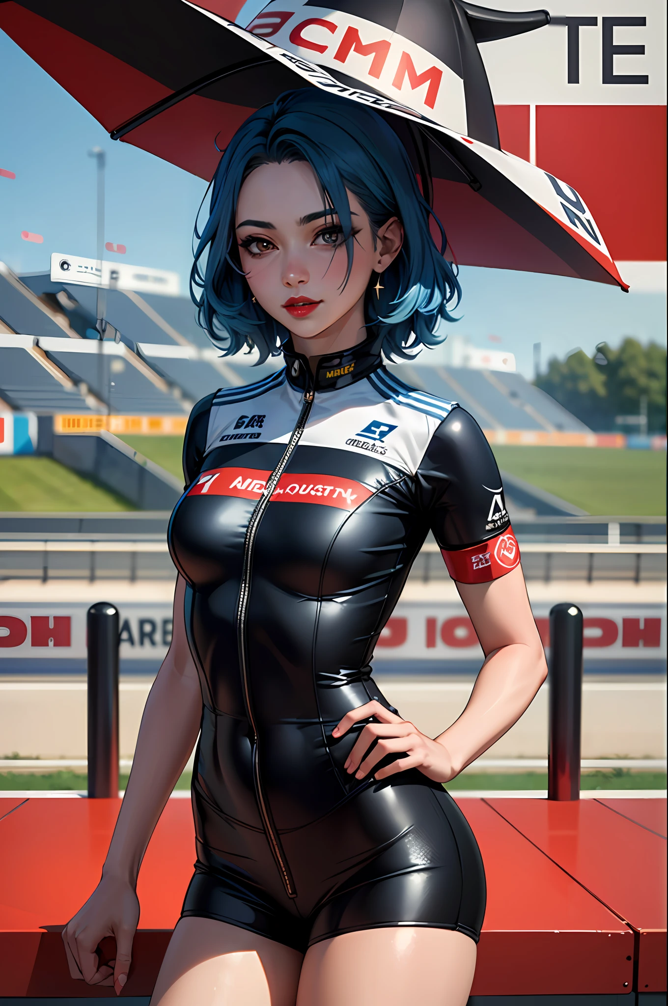 (masterpiece:1.4)、(top-quality:1.4)、
1girl in, Bewitching Grid Girl, Blue hair, looking at the viewers, 独奏 ,realisitic,(shinny skin),(masterpiece:1.4),(top-quality:1.4),red-lips,racing venue