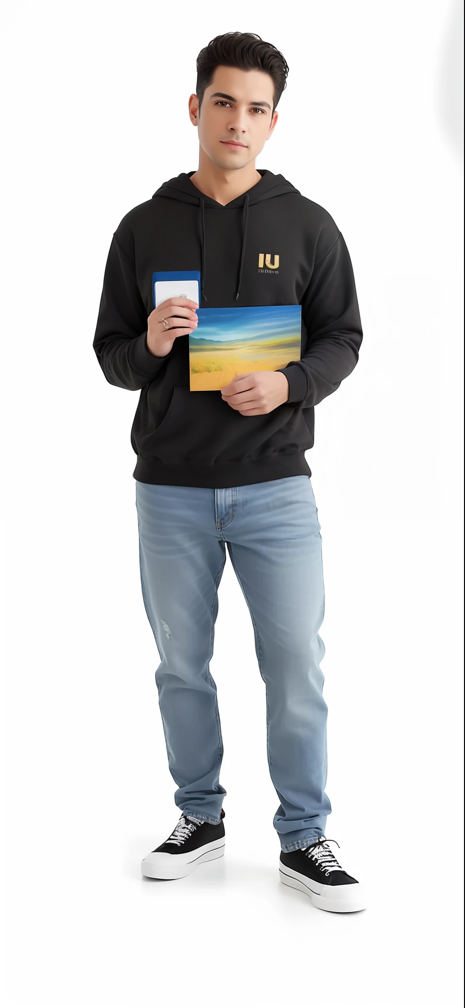 A man in a black sweatshirt and jeans posing for a photo, artista vestindo sujo, retrato de corpo inteiro, corpo inteiro!! Detalhes maximalistas, imagem de corpo inteiro, Artistic style, retrato realista de corpo inteiro (Foto perfeita, nitida, alta resolução, 4k, perfeita, foto realista, retrato, full hd ,cores vibrantes)