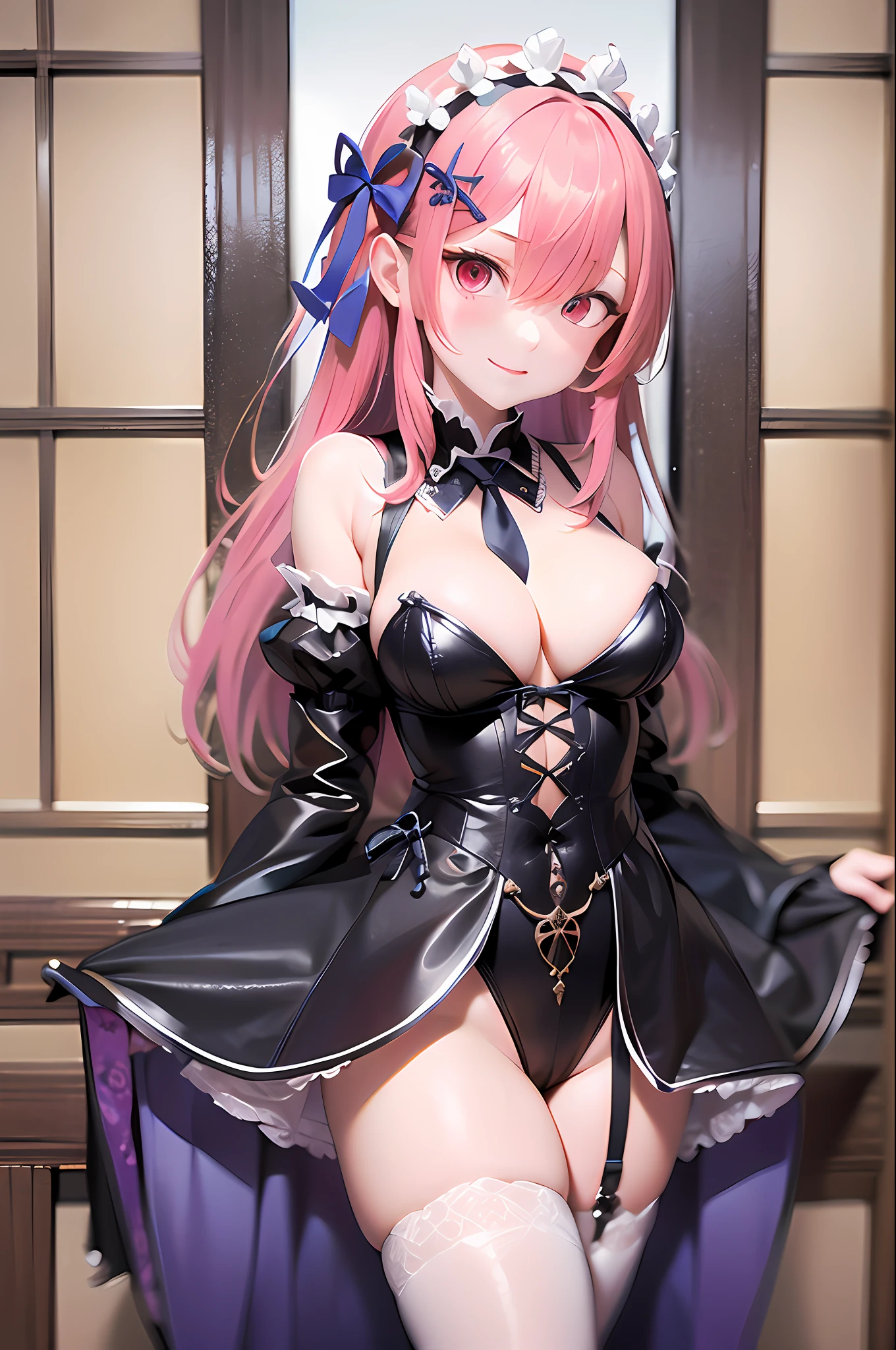 ​masterpiece, top-quality, Hi-Res, (((((Evil Fall))))), (((Leotard))), (((Hollow eyes))),ram1, 1girl in, 独奏, Standing picture,Ram(Re:Life in another world starting from scratch), A pink-haired, white thighhig, (((shorth hair))), red eyes, Hair above one eye, Ribbon trim, Hair Ribbon, X Hair Ornament, frilld, Maid headdress, garter strap, a black ribbon, Colossal tits,(((neck tie))), magical little girl