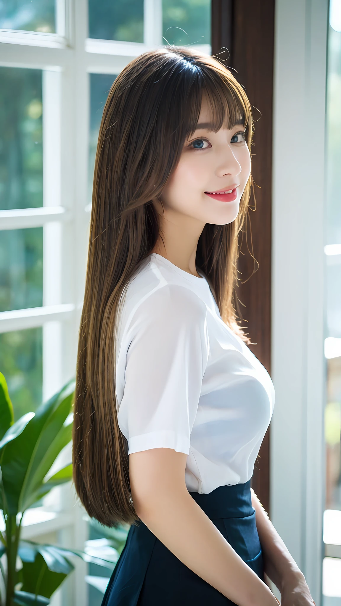 one-girl，Big crystal clear blue eyes、platinum blond hair、Long straight hair、Silky hair、bangs between eyes、ssmile，Silk short sleeve long skirt、with fair skin、perfect bodies，In front of the window，Backshot，telephoto lenses