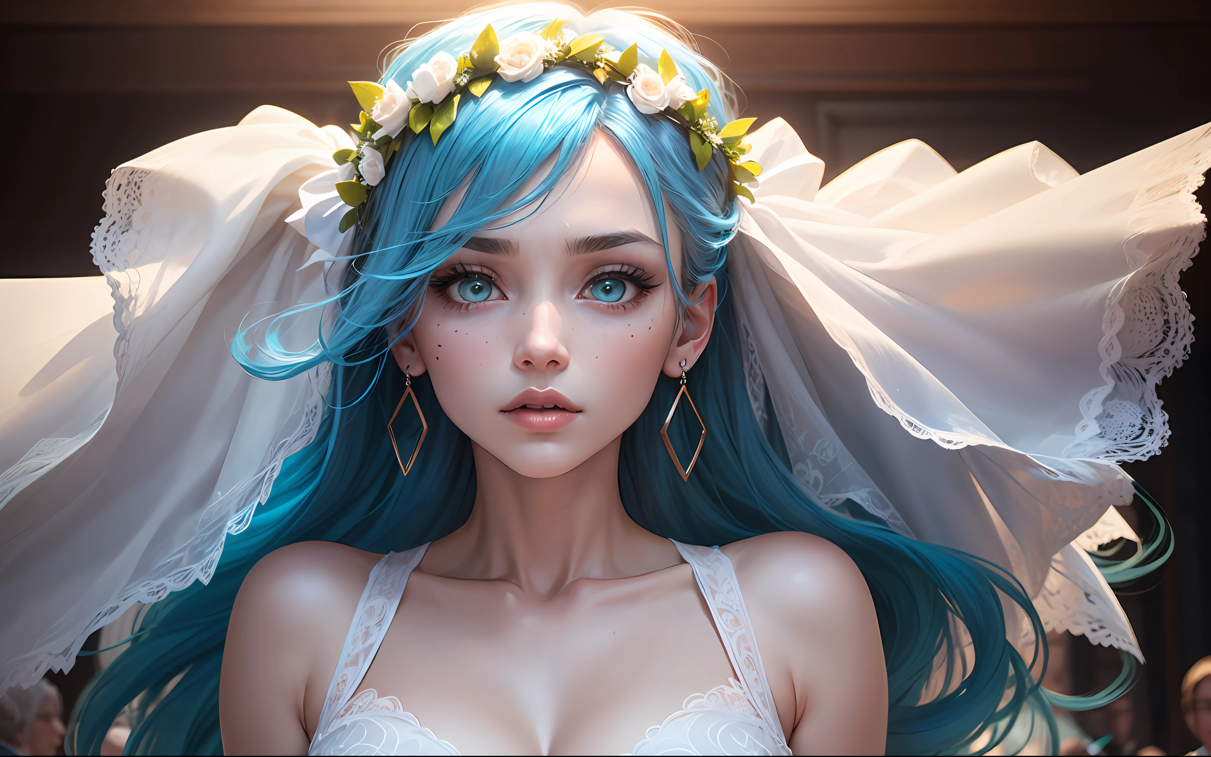 1female,Blue hair, hair over shoulders, Hair moist widow peak, wedding gown, covering eyes, white hair ribbon, head wreath, Moles under eyes, Gradient eyes, aqua eyes, wide-eyed, long eyelasher, Earrings, Pout, Sony FE GM, surrealism, first person perspective, A high resolution,Wedding scenes,Blue sky scene,Prairie scene