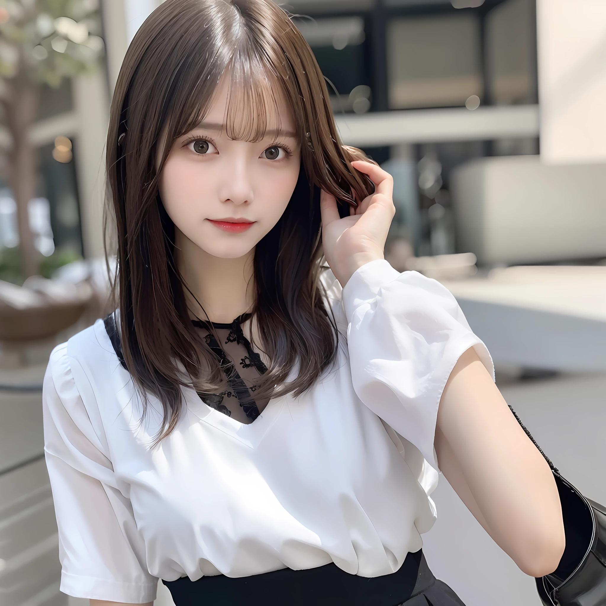 8K分辨率,ultraclear,The face is delicate and clear,short detailed hair,largeeyes,Slightly thinner,white shirt,black heels,a black pleated skirt