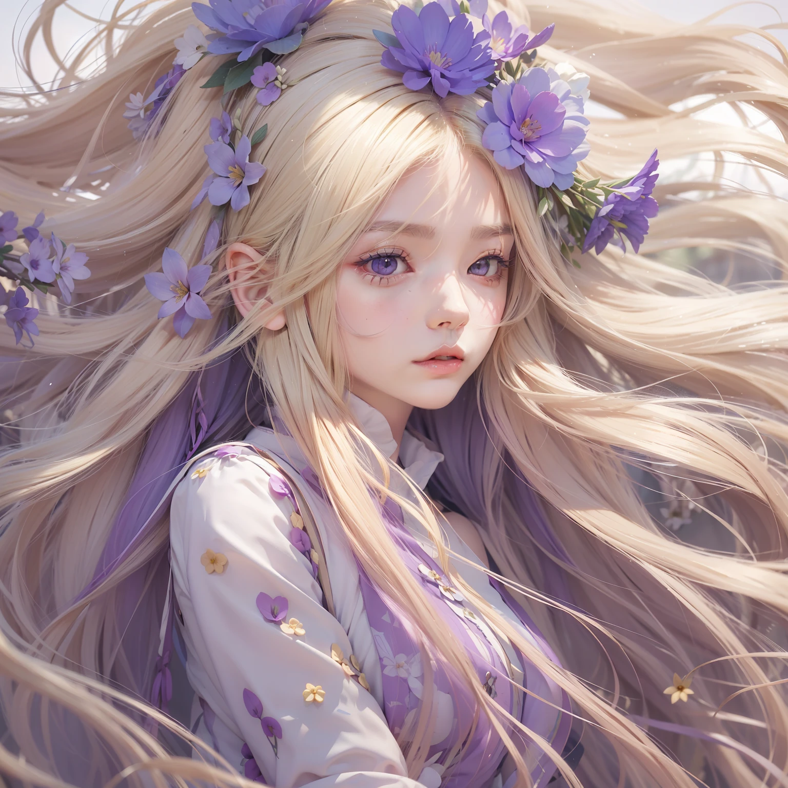 blondehair, Hair Flower, Head Leasing, gradient_hitomi, longeyelashes, Tsurime, wince, eyebrows behind hair, Purple hair, Very long hair, Floating hair, absurdly long hair, animesque, One-person viewpoint, neo-classical, renaissance, in 8K, hight resolution, Best Quality