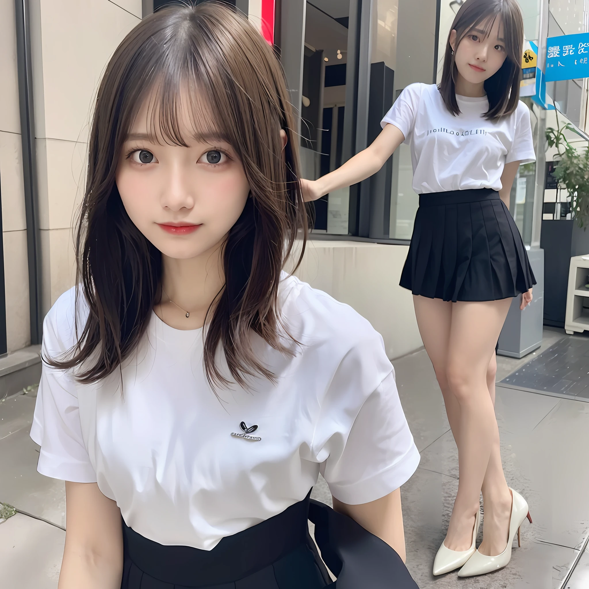 8K分辨率,ultraclear,The face is delicate and clear,short detailed hair,largeeyes,Slightly thinner,white shirt,black heels,a black pleated skirt