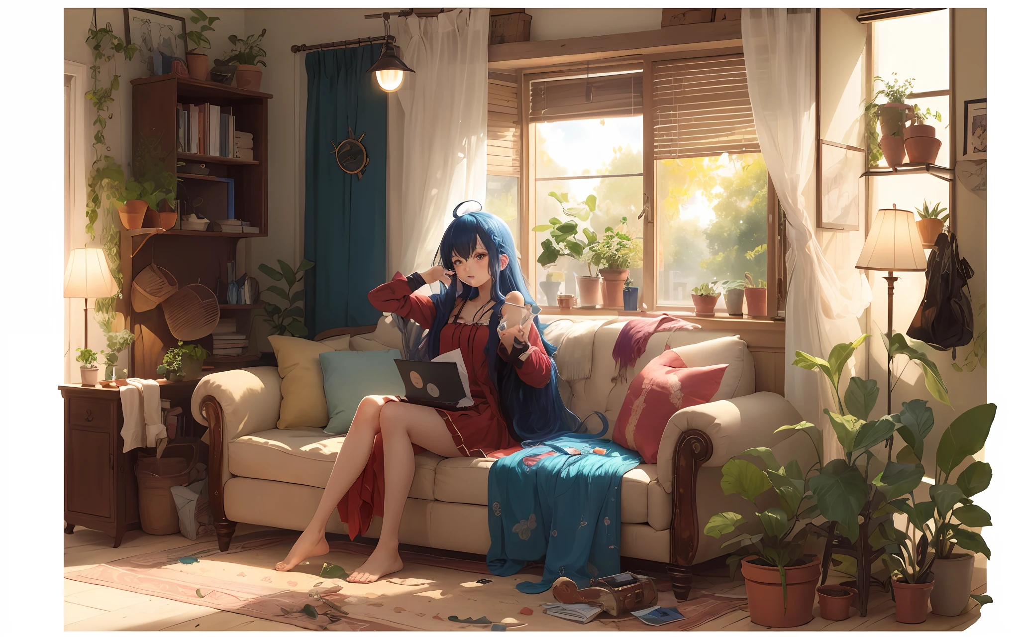 [(white background:1.5)::5],(Isometric:1.3),(masterpiece,best quality:1.2),(highres:1.1),(Highest picture quality),(master's work),facing viewer,dynamic angle,sky,cloud,
living room, couch, window, curtains, dappled sunlight, potted plant, table, cabinet,bookshelf, paper, desk lamp, typewriter, garden,
(1loli,solo focus:1.2),cute,ornament,(jewelry:0.75),(blush:0.9),(strap:0.9),barefoot,
ahoge,(disheveled hair,long hair,ruby hair,blue colored inner hair,shiny hair,shiny skin:1.1),