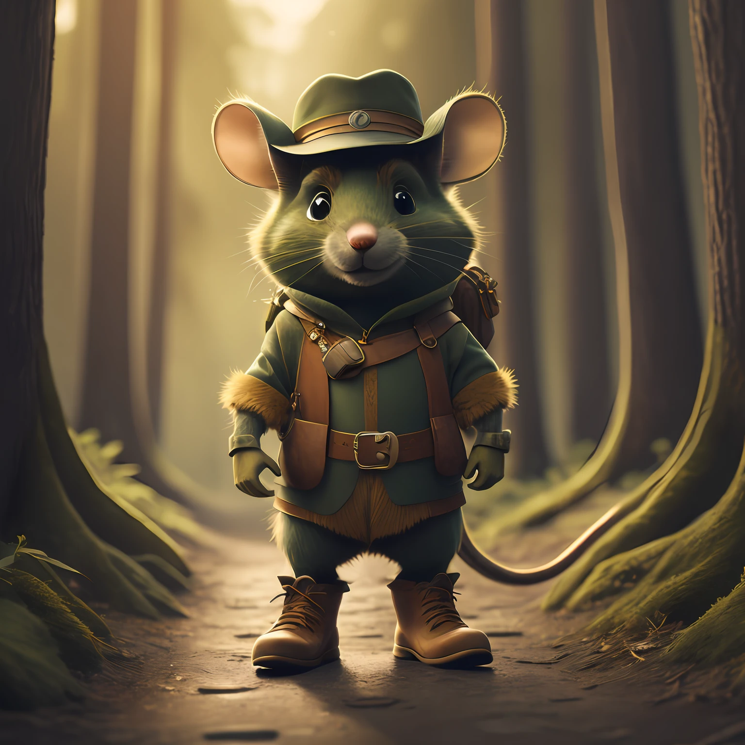 There's a cartoon mouse with a hat and a backpack, aventura render hiper realista, Rato na floresta, bonito 3 d render, 3 d character render, anthropomorphic mouse, rolands zilvinskis 3d render art, ultra realistic 3d illustration, 3D anthropomorphic time, 3 d render stylized, realistic fantasy rendering --auto