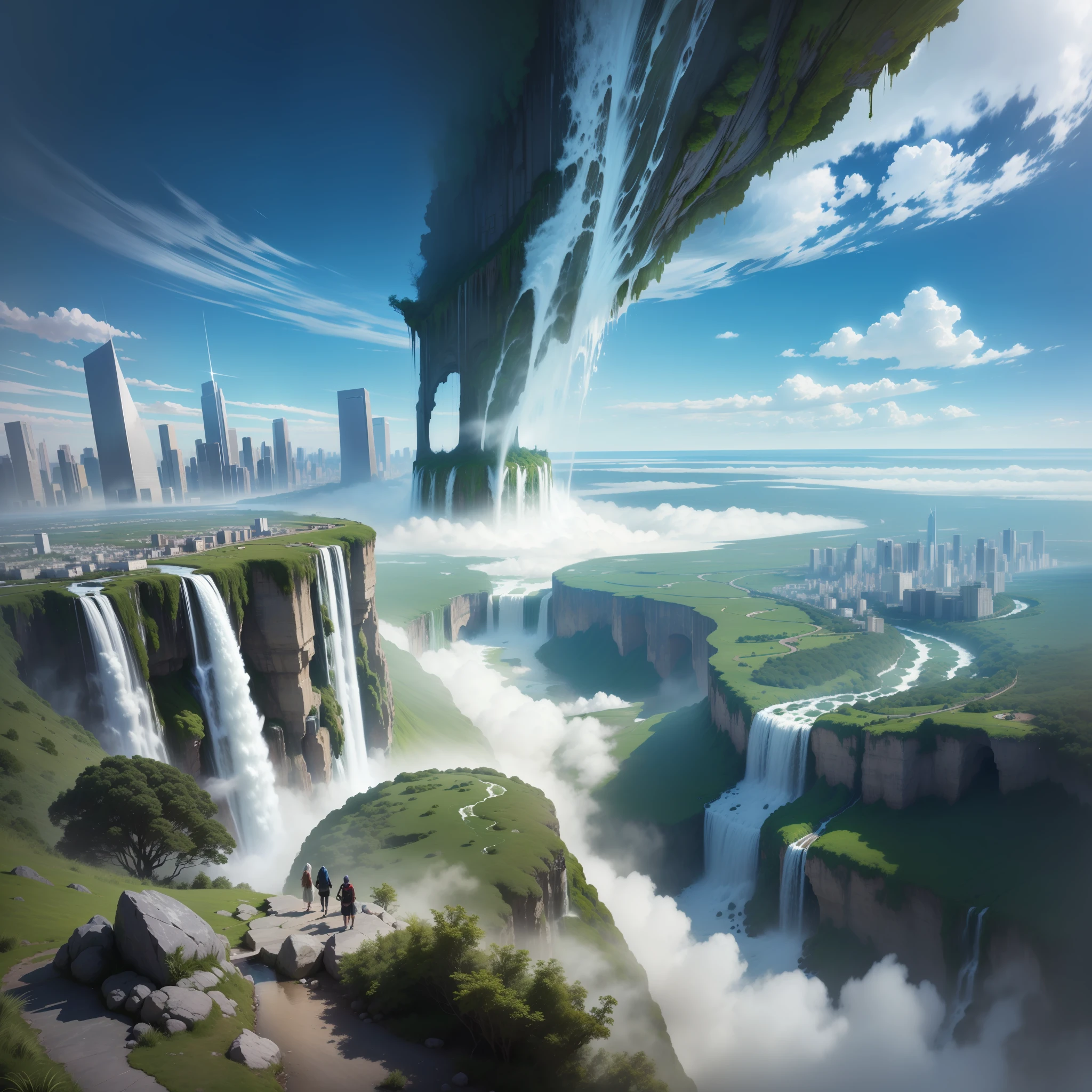 (fantasy+Science fiction in another dimension)in the(A huge city:1.3)ha、(Super giant waterfall:1.2)Towering over、Floating among the clouds。(Highest image quality:1.2)で、A scene that amazes the viewer。(great outdoors:1.2)This scenery inside is、Feel like you're in another world。