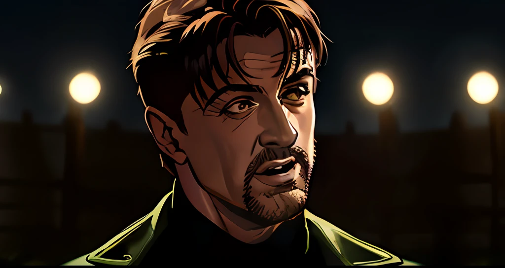 (((Cara confusa)), (comic styled), Silvester Stallone como policial, cena escura, outdoors at night on a plantation, milharal a noite, luz amarelas, fazenda Noturna, particles, Chuva leve, Foco masculino, (cabo de fluxo longo), noite, Chuva, fundo detalhado, (arte de Frank Miller), obra-prima, (realista:1.3), perfect illumination, sombreamento perfeito, (textura realista do tecido), hiper-realista, (fotorrealista:1.5)