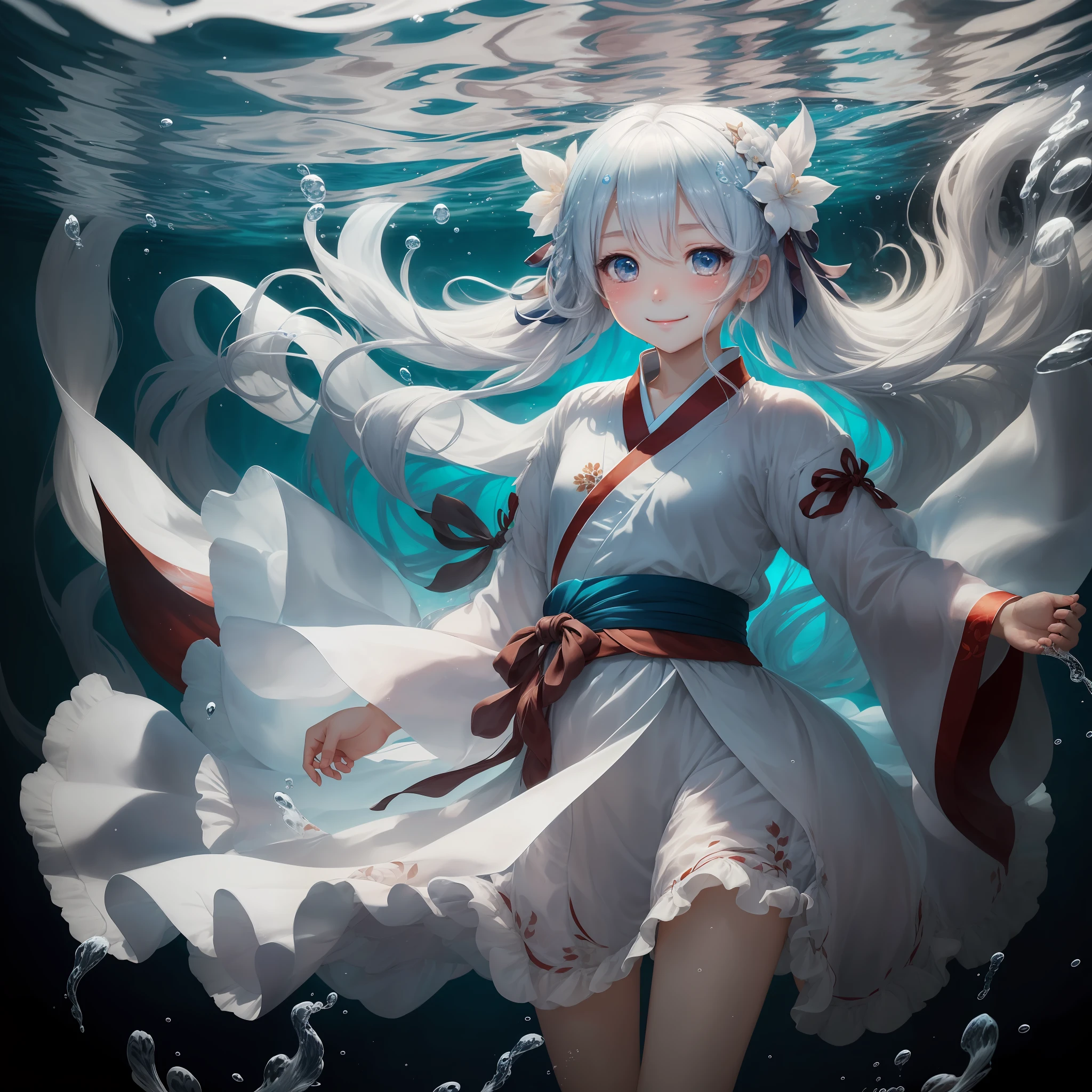 (tmasterpiece:1.1),(Exquisite),(A white-haired loli:0.9),(The eyes are light blue:1.1),(Under the water:1.2),Hanfu,ssmile --auto