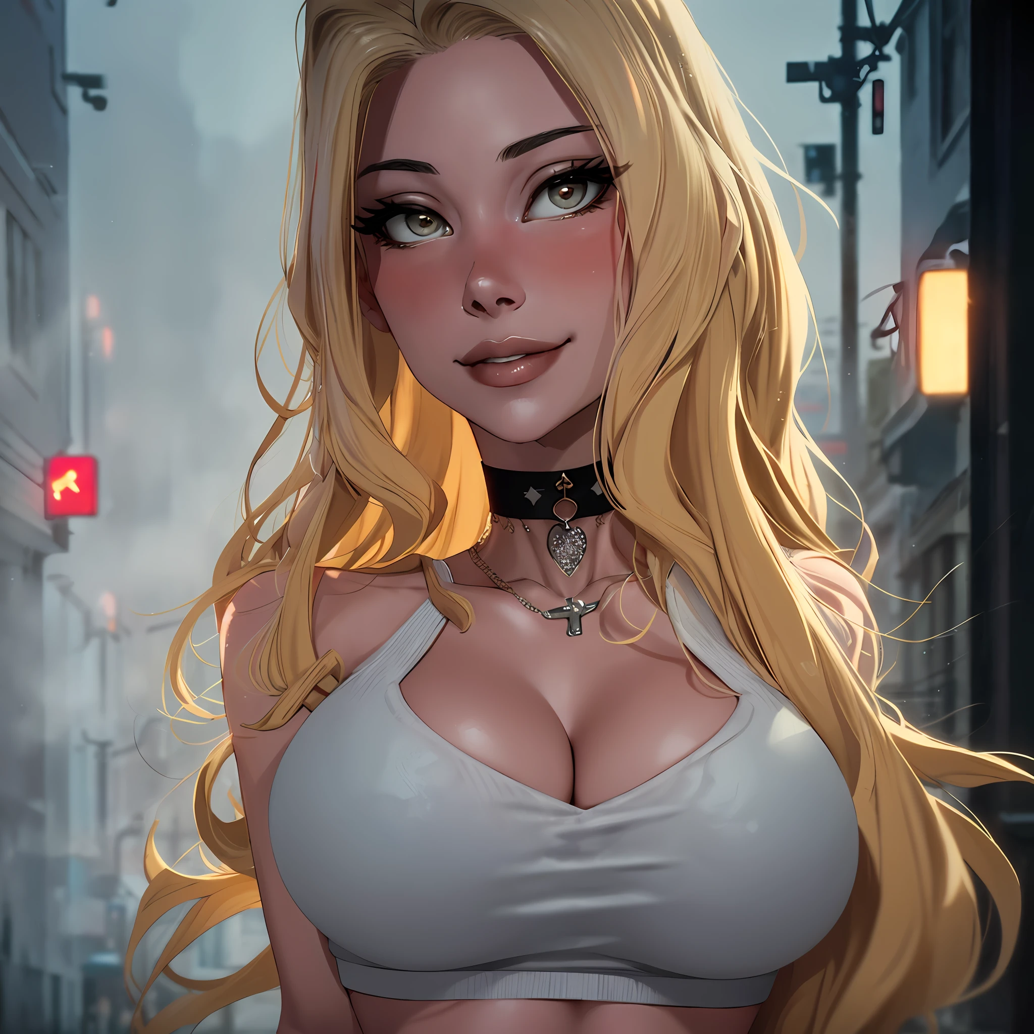 Analog style masterpiece, a close up portrait of a (sexy:1.2) fetchingbutterfly, blonde, choker, standing on a street, alleyway, cleavage, sexy smirk, hotel in the background, slate atmosphere, foggy, cinematic, dimmed colors, dark shot, muted colors, film grain, fil noir style, insane details, intricate details, skin imperfections,