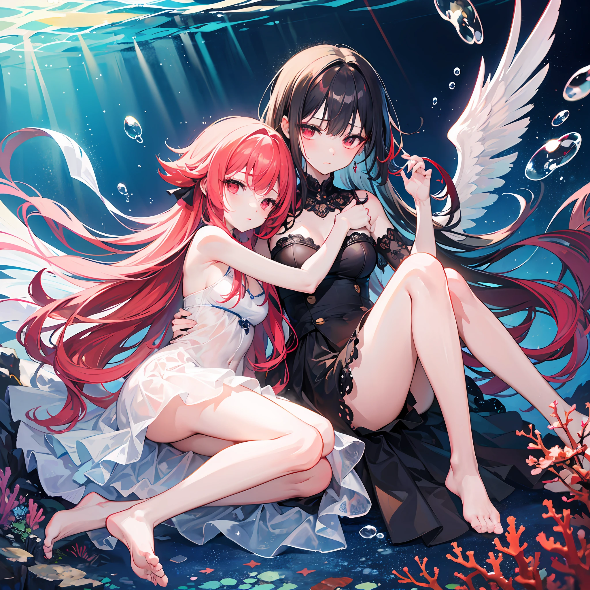 high-level image quality、hiquality、masterpiece、murky、bottom of the ocean、The seabed where light does not reach、Lots of bubbles、Inexhaustible desire、Broken coral reef、Glitter background、Red haired girl with red eyes、Holding the legs、Rounding the body、Take fetal pose、sideways Facing、Hungry look、Beautiful eyes、Sparkling eyes、regret、Hold your face with both hands、Hold a grudge against someone、A face that has abandoned hope、sad Facial expression、Broken wings、pointless、pointless、A wistful look、treachery、I don't want to be with you、solitude、