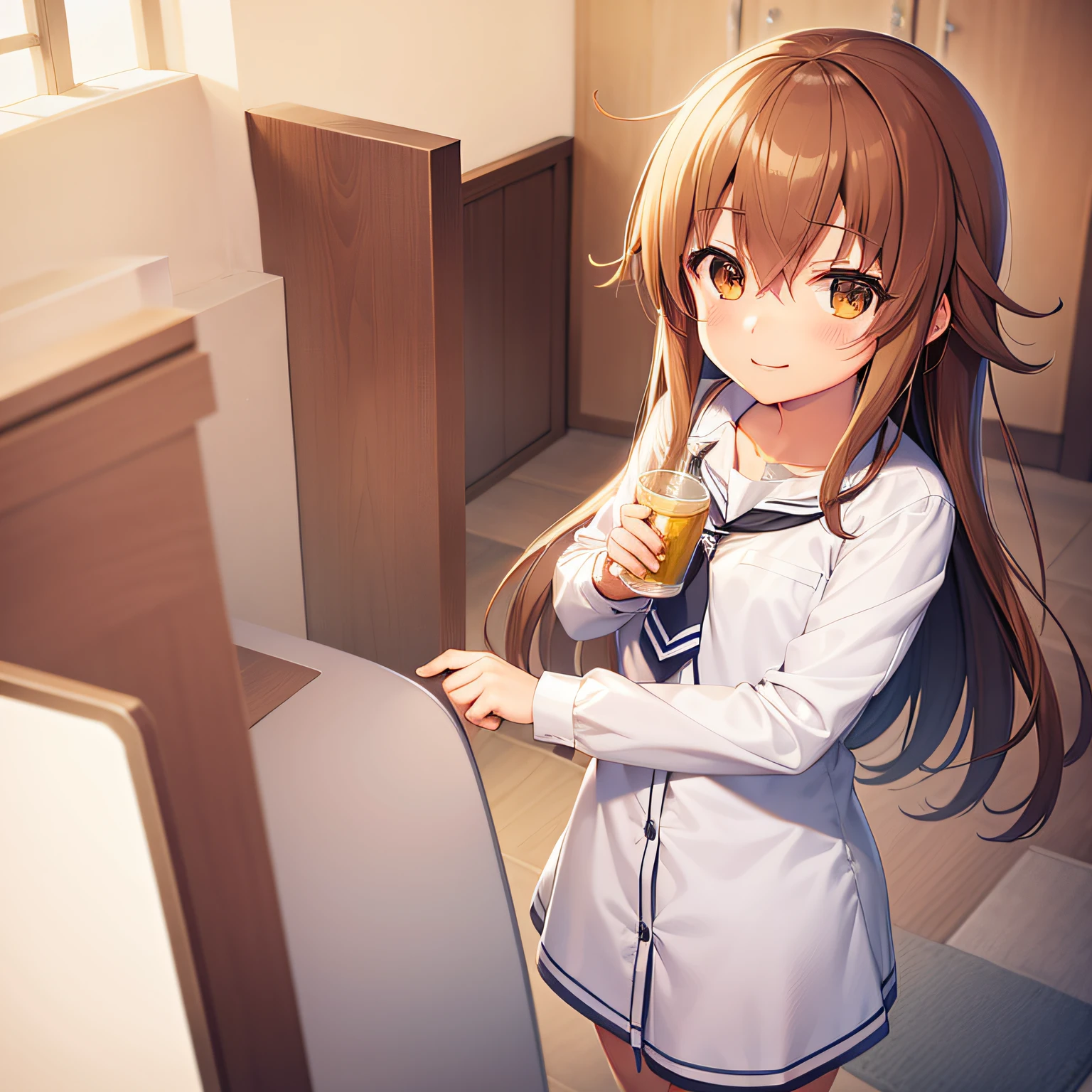 masutepiece,High quality,detaileds,Inazuma (kancolle),angelic smile,skinFang,Lori, Brown hair, flat chest, School uniform,