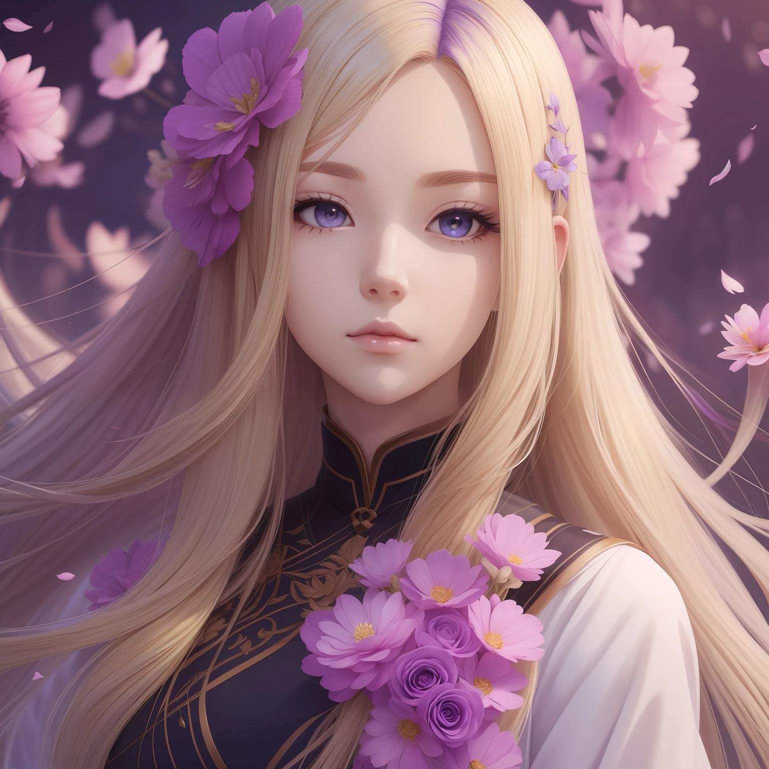 blondehair, Hair Flower, Head Leasing, gradient_hitomi, longeyelashes, Tsurime, wince, eyebrows behind hair, Purple hair, Very long hair, Floating hair, absurdly long hair, animesque, One-person viewpoint, neo-classical, renaissance, in 8K, hight resolution, Best Quality