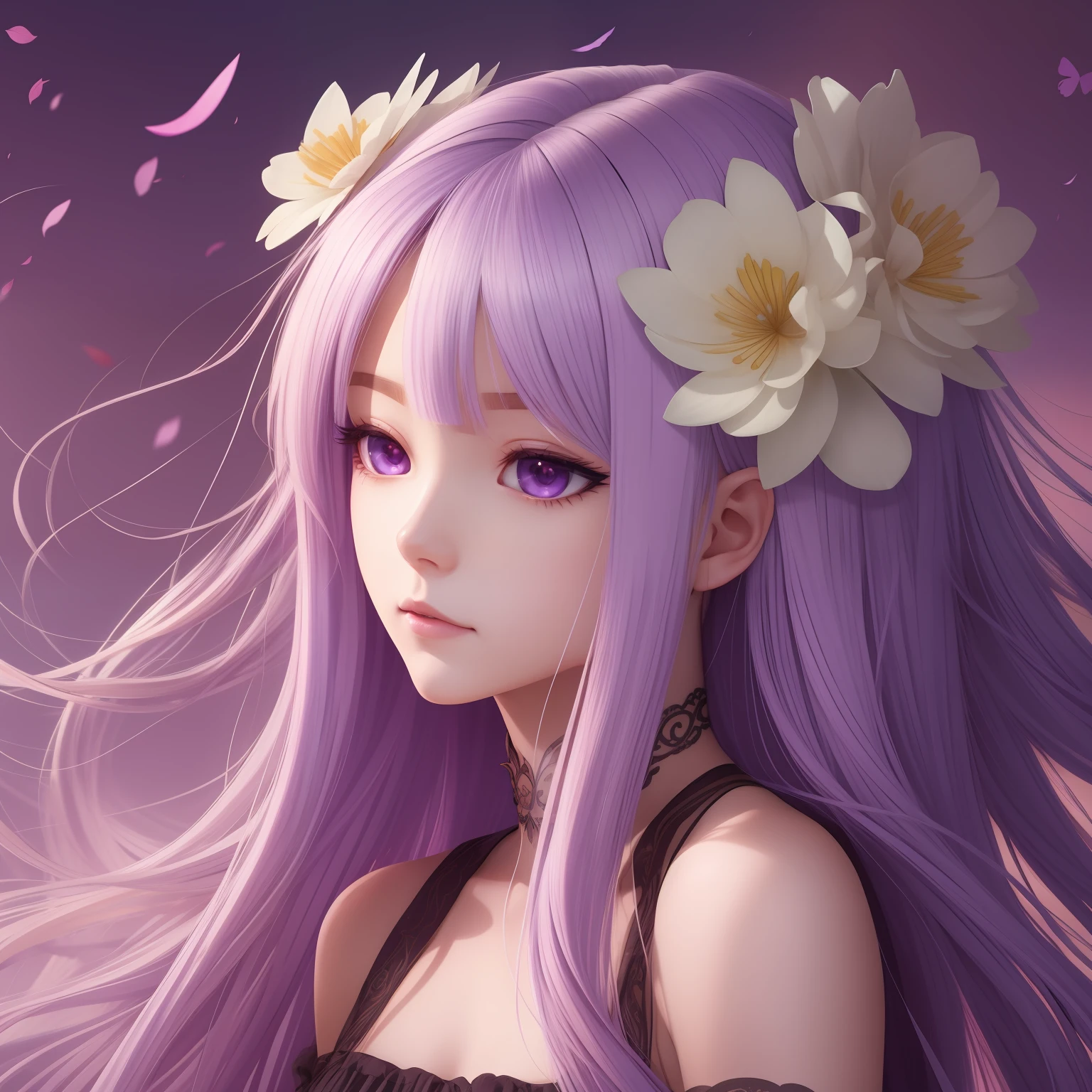 blondehair, Hair Flower, Head Leasing, gradient_hitomi, longeyelashes, Tsurime, wince, eyebrows behind hair, Purple hair, Very long hair, Floating hair, absurdly long hair, animesque, One-person viewpoint, neo-classical, renaissance, in 8K, hight resolution, Best Quality