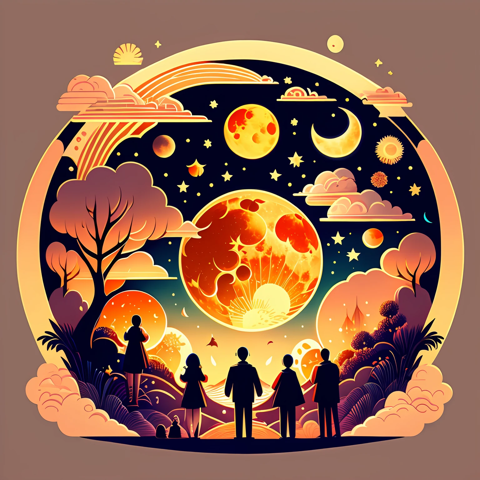 Illustration style, Mid-Autumn Festival, big moon, bright, family members, moon watching --auto