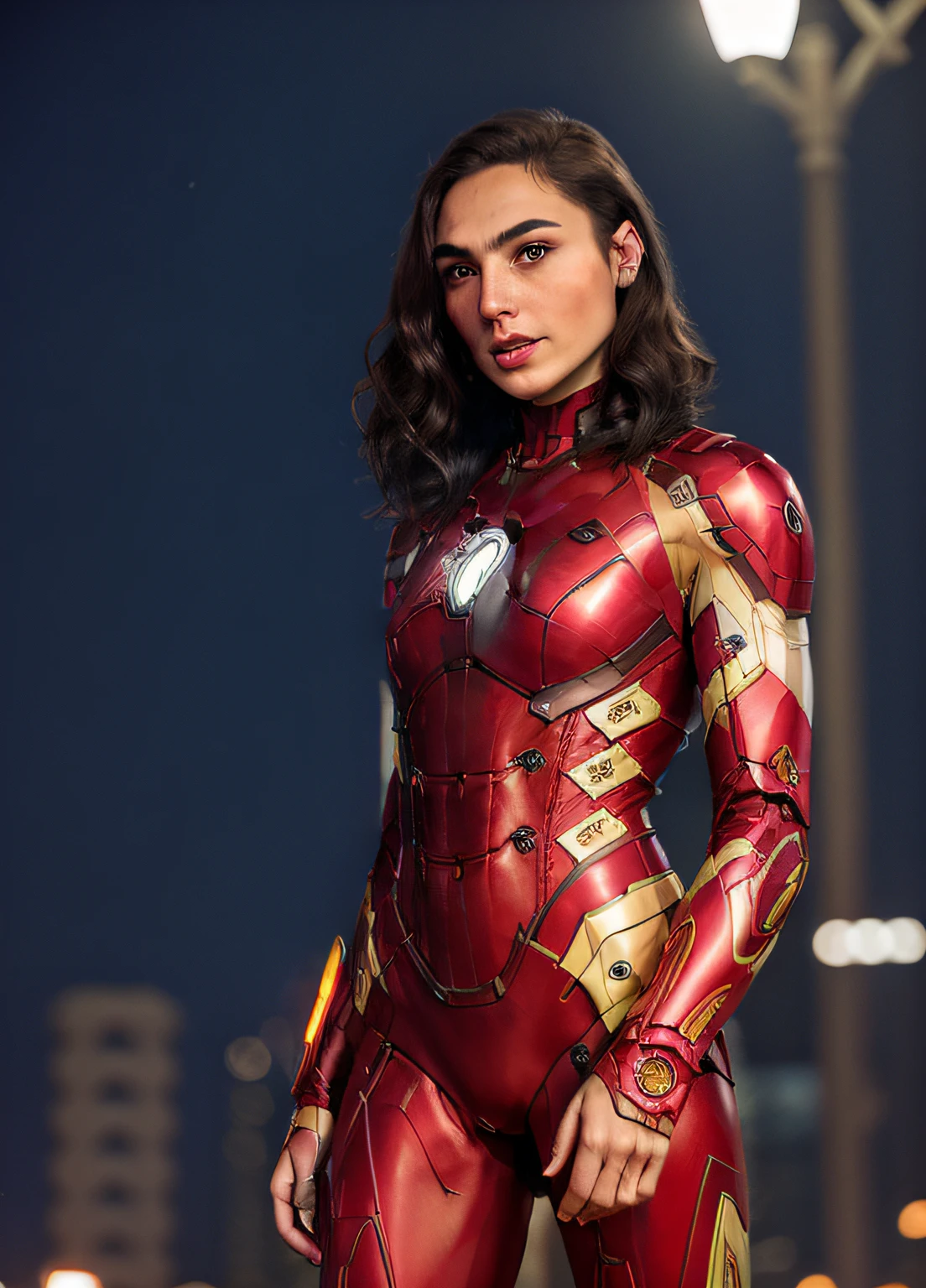 Portrait of GlDot as a beautiful female model, Georgia Fowler, with a stunning face and short dark brown hair, in the Cyberpunk City at Night. She's dressing up as an Iron Man character without the helmet, wearing Iron Man armor gloves. Adjust the mouth to be more delicate and realistic.