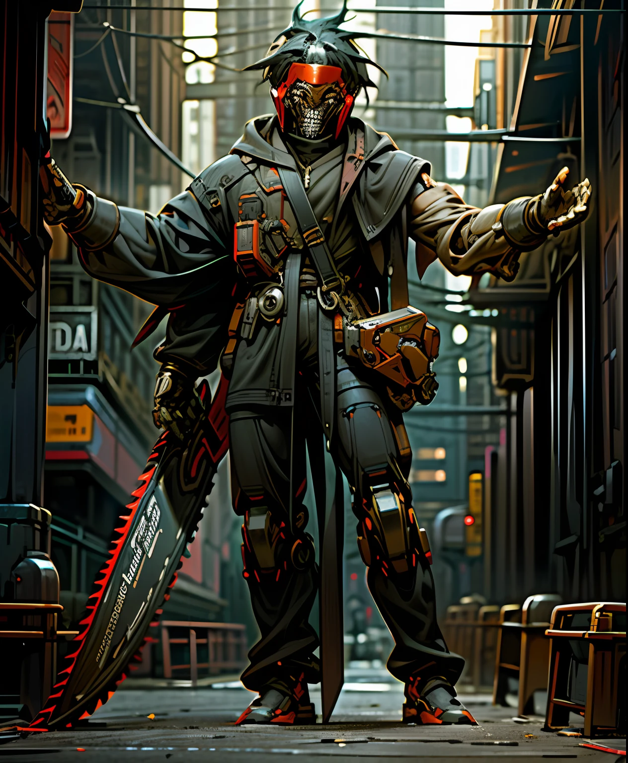 Dark_Fantasy,Cyberpunk,(chain saw,chain saw man,Red:1.1),1man,Mechanical marvel,Robotic presence,Cybernetic guardian, wearing a worn-out mech suit, intricate, (steel metal [rusty]), elegant, clear focus, shot by greg rutkowski, soft lighting, vibrant colors, masterpiece, ((street)), cowboy shot, dynamic pose,