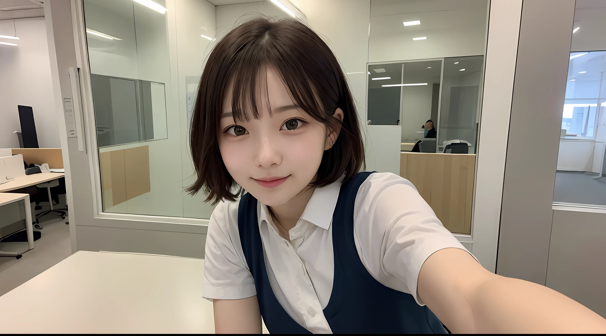 女の子1人、Female around 25 years old、vests、Bow、a picture、realisticlying、top-quality、adopt、A detailed face、s Office、Building from the window、细致背景、diffuse sunlight、depth of fields、独奏