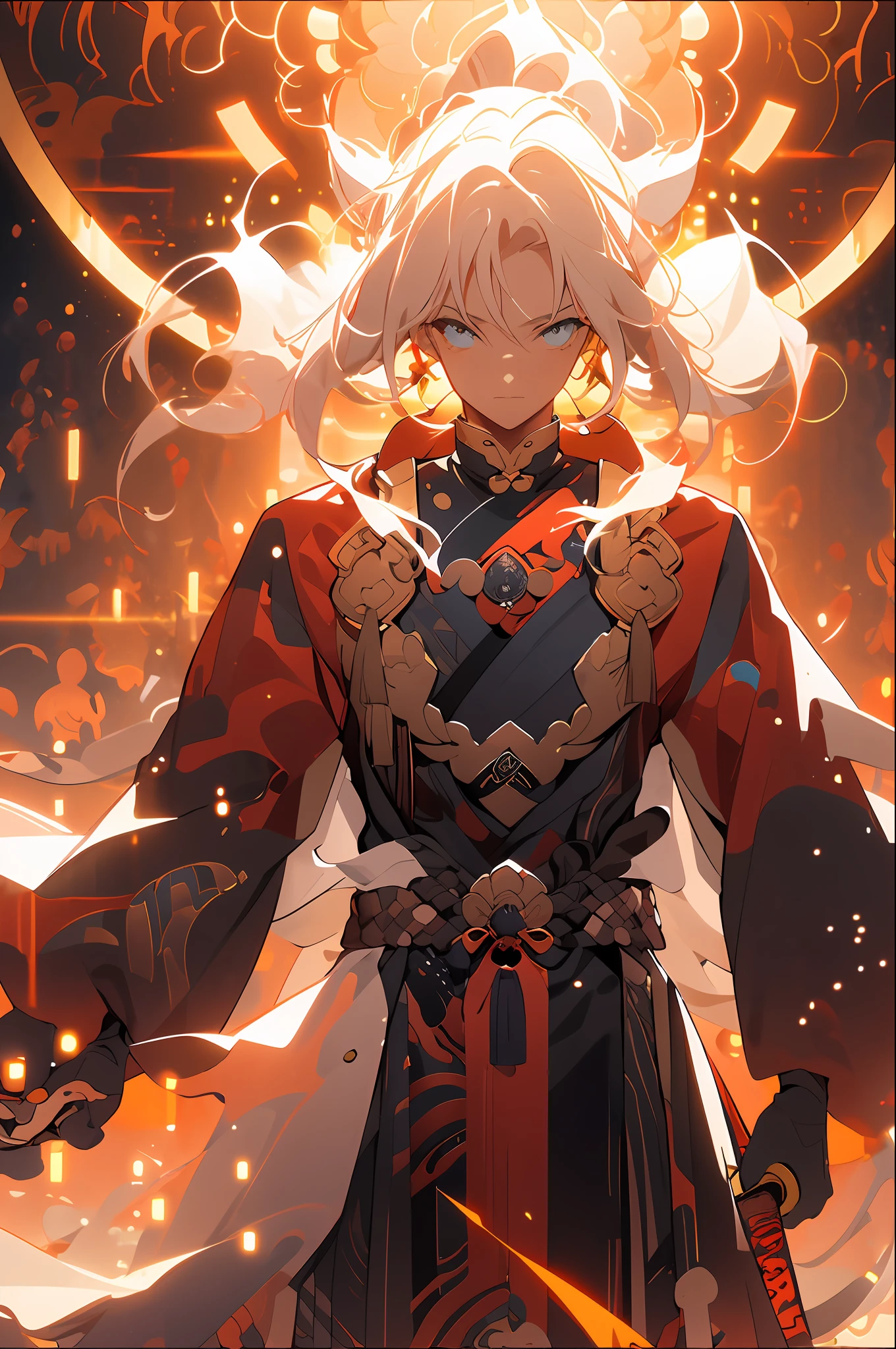 ,(tmasterpiece:1.2),best qualityer,Pisif,Taoist,
a character standing in front of red glowing real people,cleanness,fire glow,Zodiac horses,Girl dancing sword
