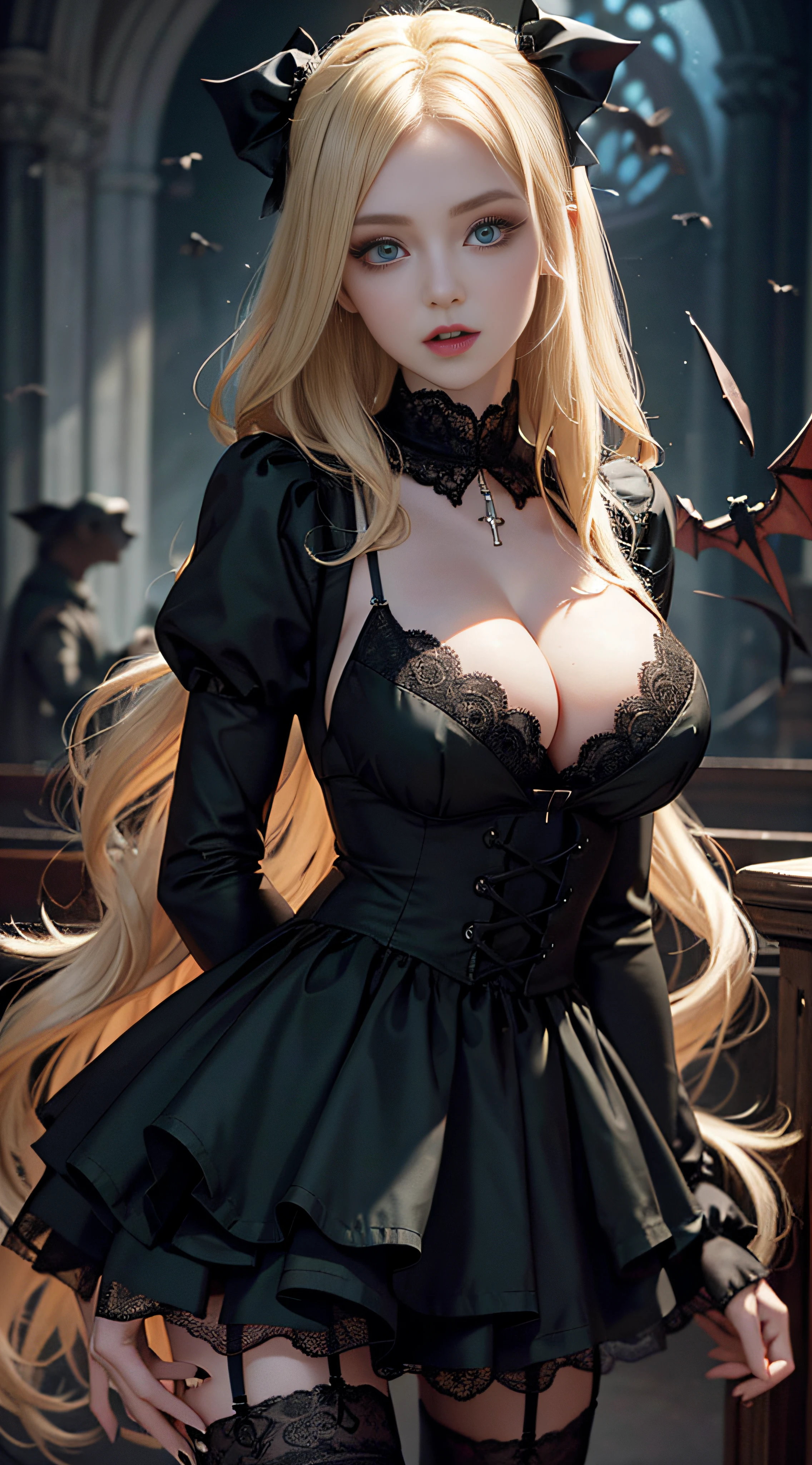 1girll,Vampires,blond hairbl,Emerald green eyes,Big eyes,Lori huge breasts cleavage,toddlers,Black belly,Black and white ta,Lace black stockings,Look into the camera,There are flying bats behind him,Behind you is the church,tmasterpiece,k hd --auto