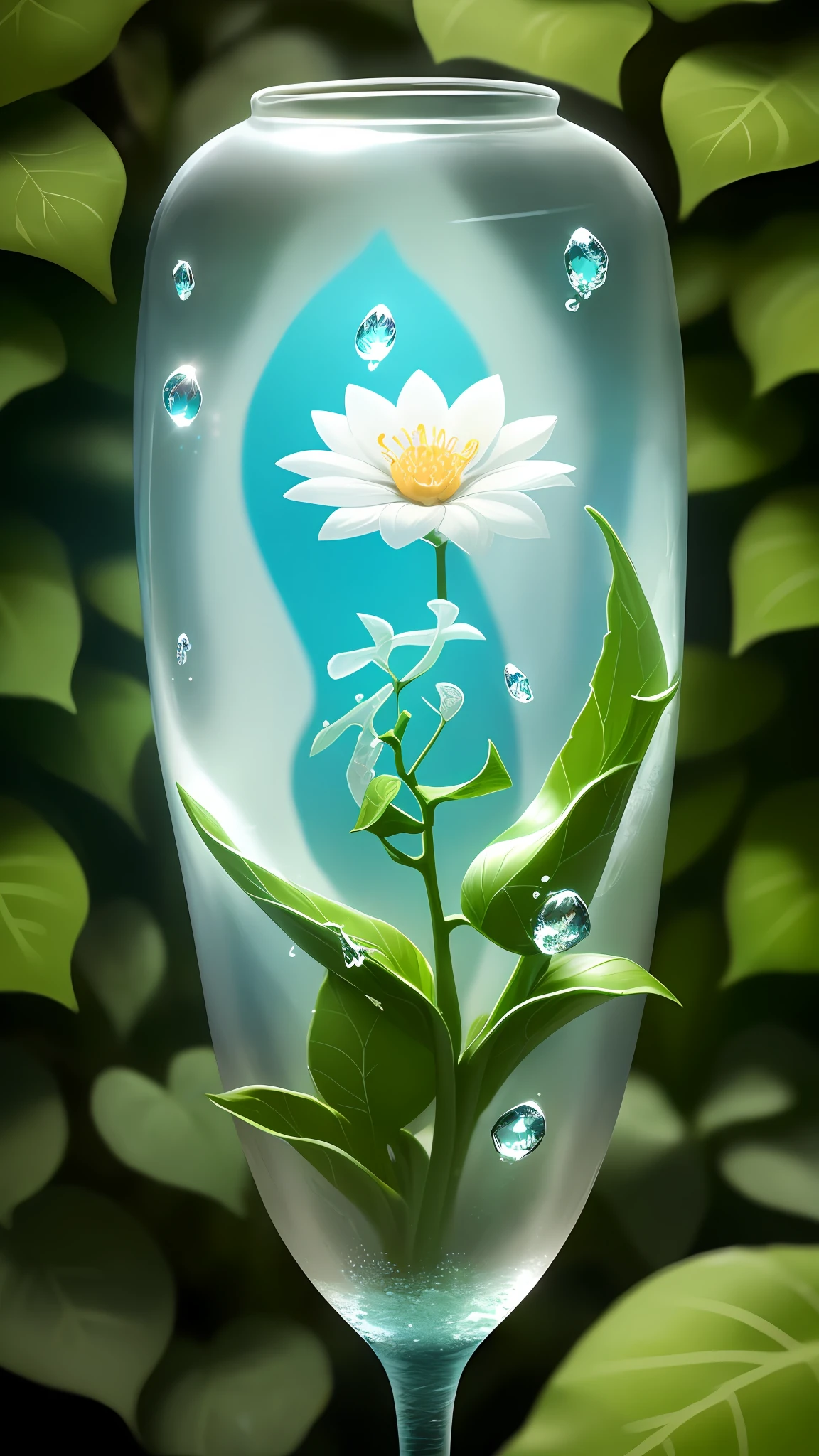 A white flower, transparent petals, as deep as sea water, crystal clear + dewdrops, 8K, HD, ivy, flowers, tropical plants