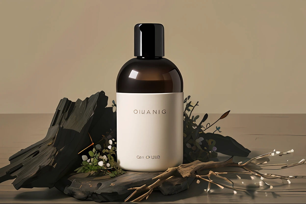 A bottle of Gloin sitting on a pile of driftwood, smelling good, Inspired by Gao Xiang, soothing, high quality product photo, professional product photo, professional product shot, Product photo, Professional product photography, dark-toned product photos, packaging lens, Official product photo, Inspired by Hendrick Goode, high qualityProduct photography, Product photography