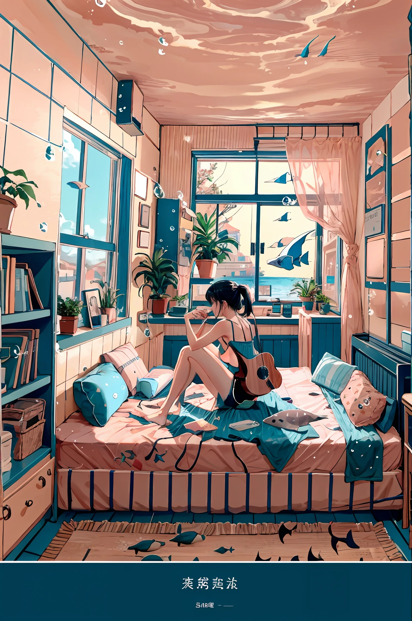 1girll, 独奏, Black hair, Holding, Sitting, pony tails, Shorts, Indoors, pouch, D cup, book, window, Bed, chair, Phone, plushies, the scarecrow, plant, Curtains, instrument, A table, camisole, Fish, Bubble, ocean floor, Watch, guitar, airbubble, Bed room, shelf, Calendar (object), coral,