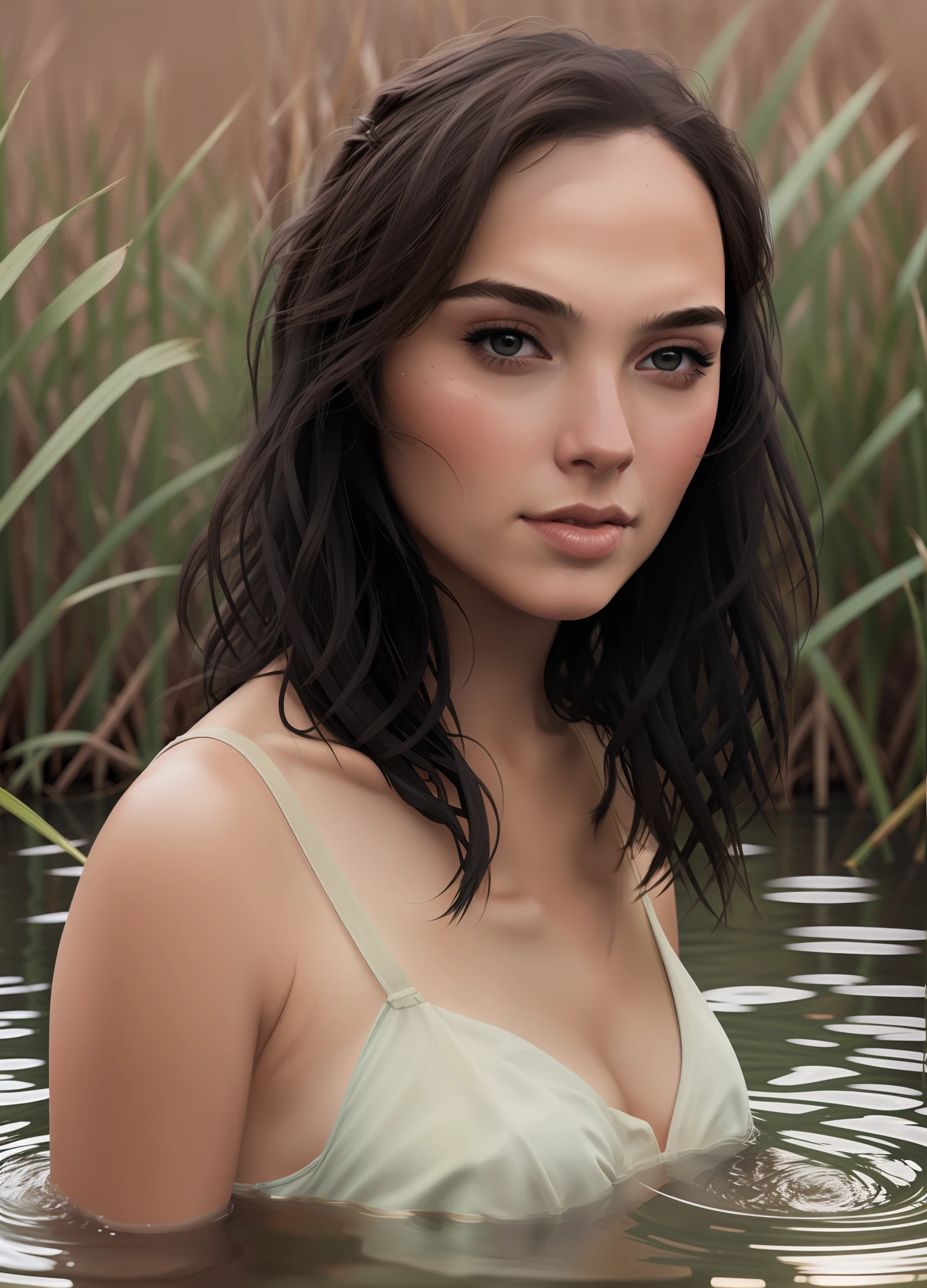 close up portrait of a cute woman (gldot) bathing in a river, reeds, (backlighting), realistic, masterpiece, highest quality, lens flare, shade, bloom, [[chromatic aberration]], by Jeremy Lipking, by Antonio J. Manzanedo, digital painting,