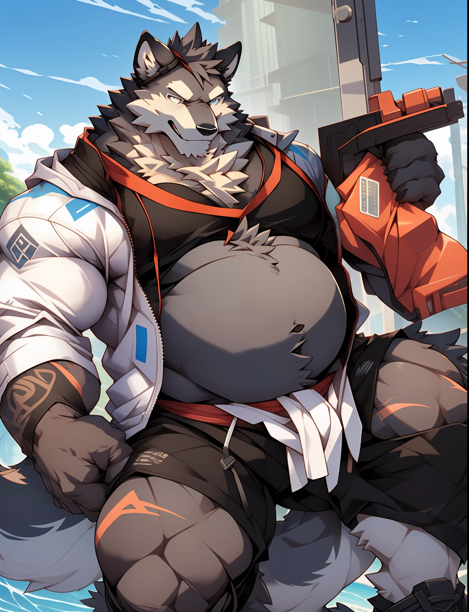 Anime characters holding machines, Strong,Lipid-wrapped muscle,Tattooed with,potbelly,the scars,nakeness,Ball knots, thicc, furry brown body, half man half asian black bear, Furry anime, hairy chest, SFW version, Best Rated on pixiv, thick smooth warframe thighs,