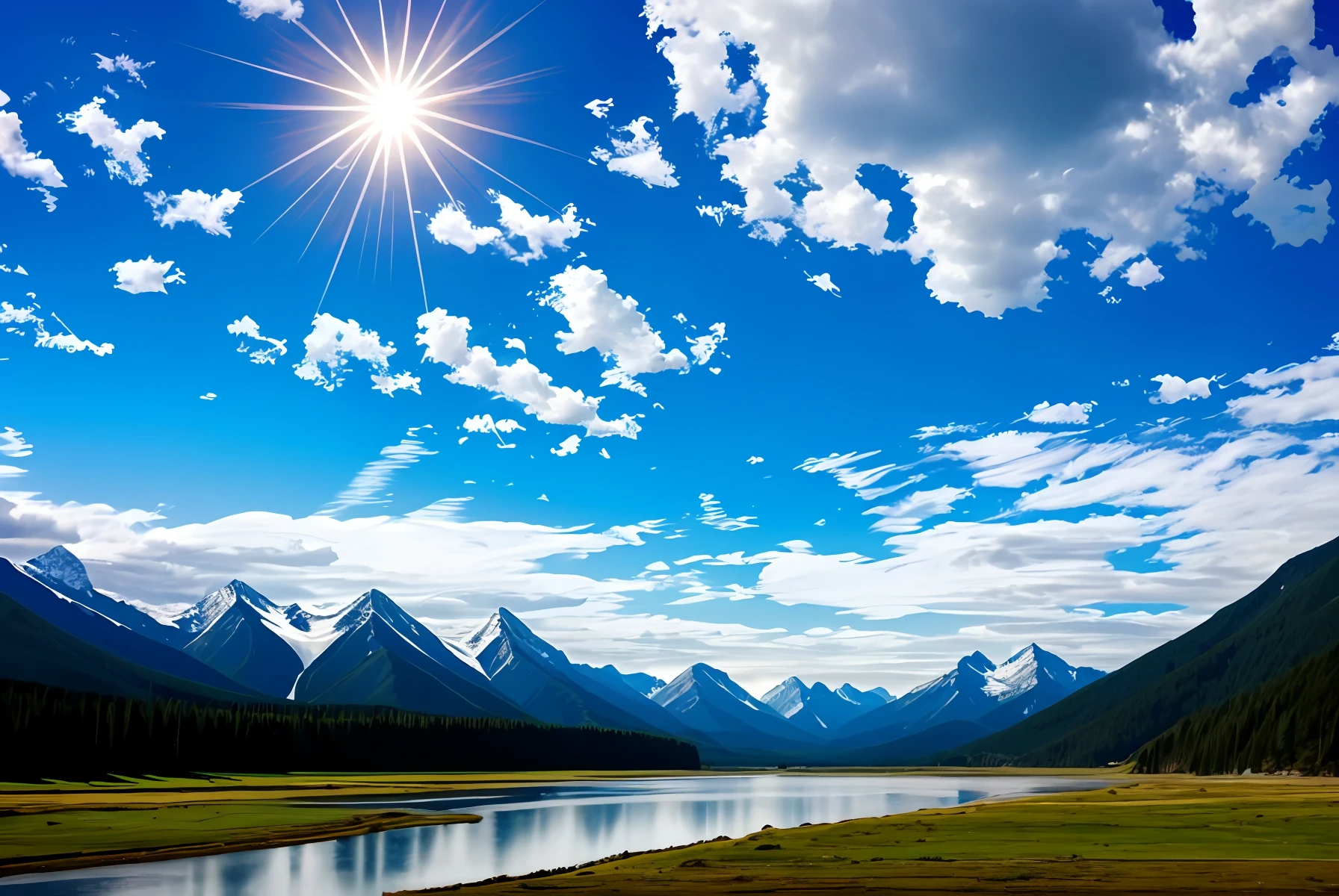 Walking alone in the mountains and rivers，Look out at the sun in the valley，A fresh breeze blows，blue sky with some clouds，Quiet，soothing，Aimless