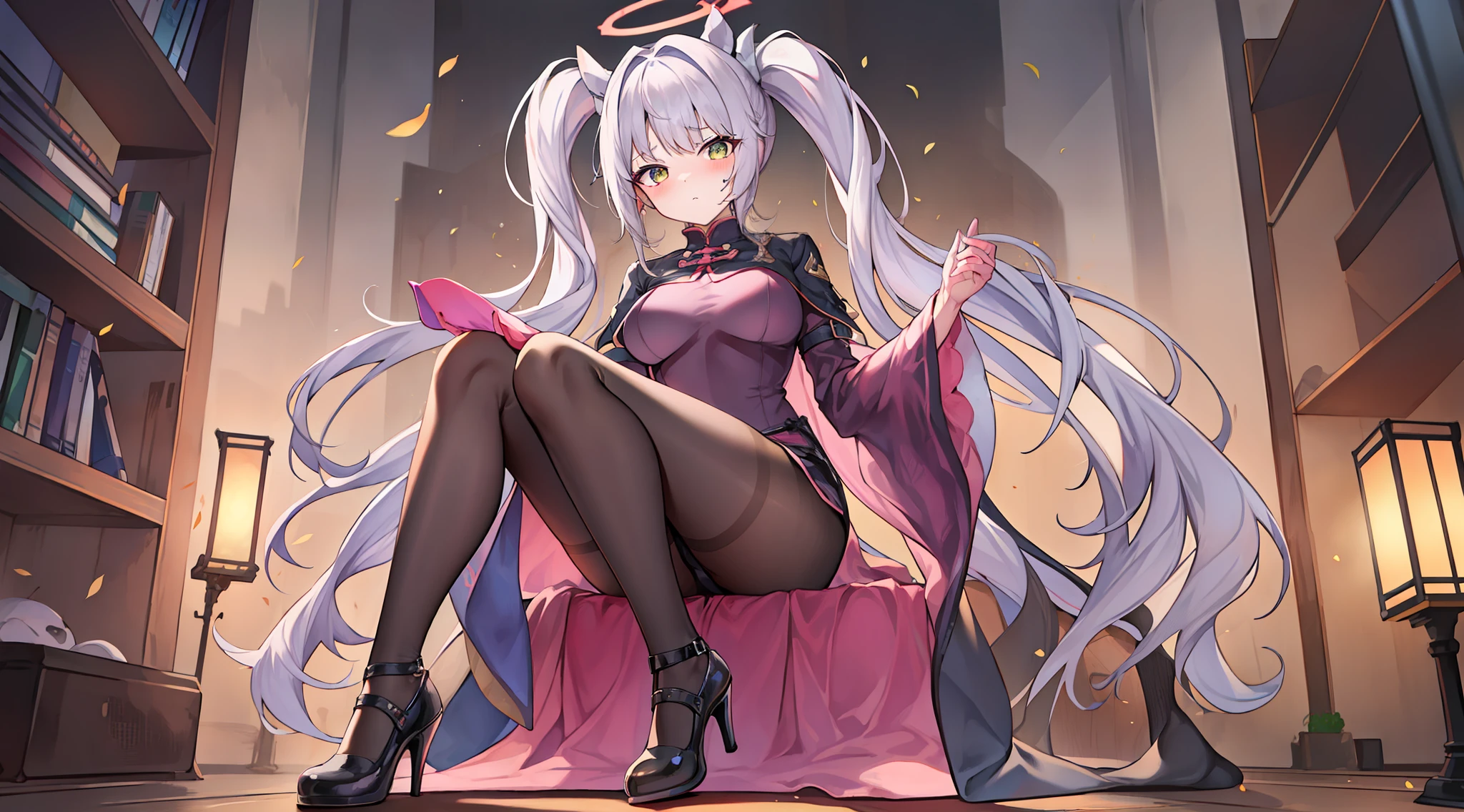 blacksilk,High Root,裸体的女,whaite hair,Tsundere,Dull hair,Very crumbs,many hands,The Arm,White hair,Adult daughter,Full body like,sitted,black lence stockings,lacepantyhose,high-heels,meticuloso,Ray traching,The halo,On the throne,coda