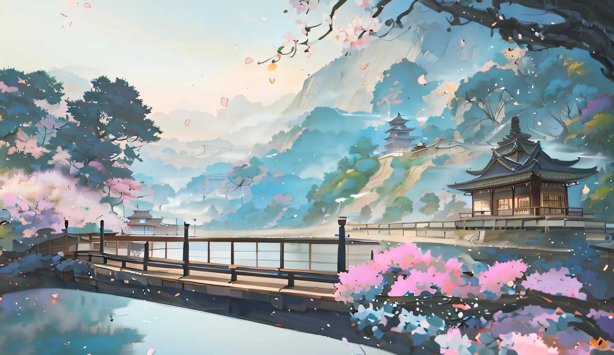 Painting of a bridge over the river，In the background is a pagoda, Beautiful art UHD 4 K, Detailed painting 4 K, landscape artwork, anime landscape wallpapers, Anime landscape, anime beautiful peace scene, scenery art detailed, Anime art wallpaper 4k, digital painting of a pagoda, Anime art wallpaper 4 K, Anime background art, Anime art wallpaper 8 K