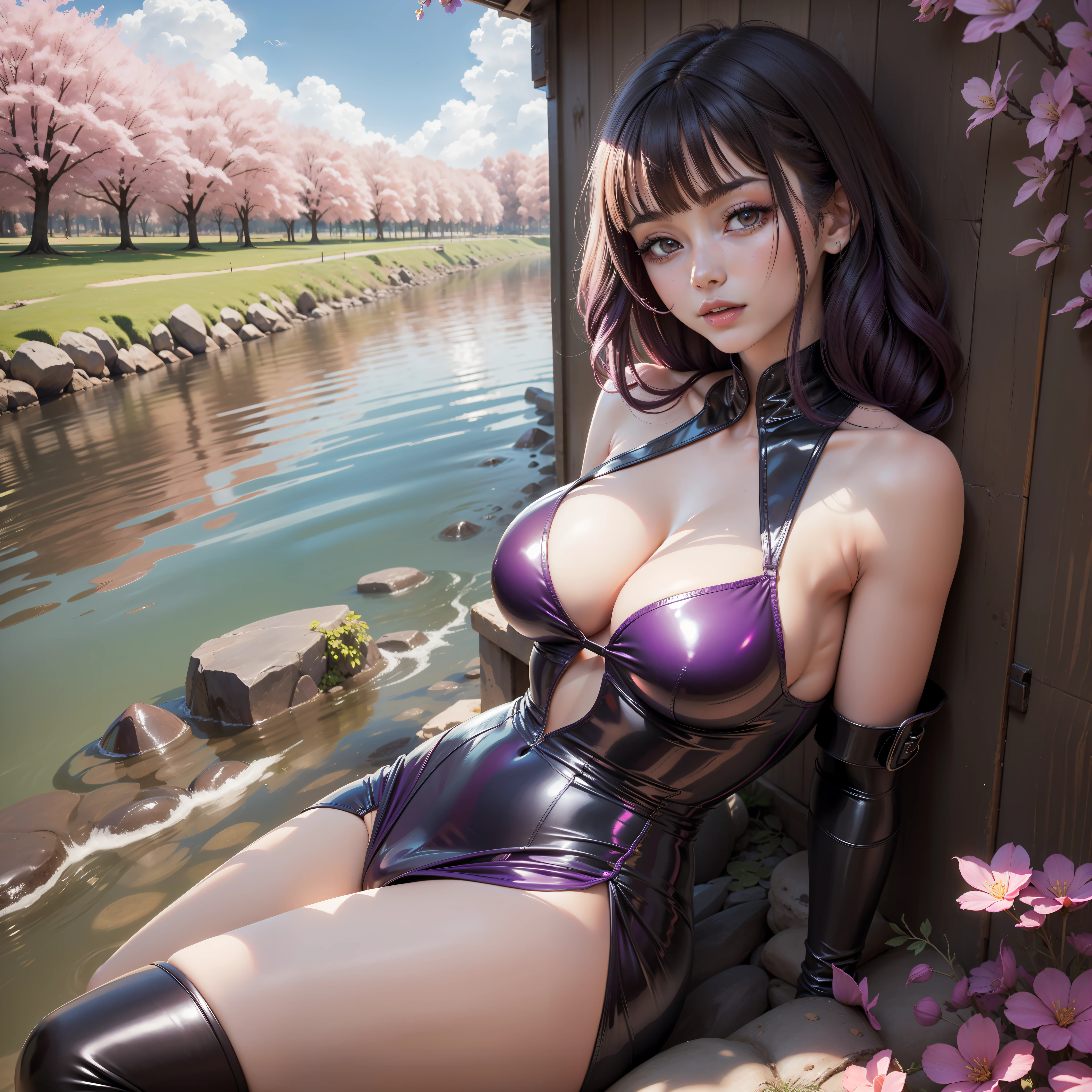 A 20-year-old girl surrounded by cherry trees,
cuerpo completo visible, 
(()) luz del sol,
desde abajo,
vista desde abajo,

edgScene black and purple,
cabello (liso plano),
Cabello Medio,
((Cola de caballo)),

ojos morados,

gargantilla,
(pechos enormes: 1.1),
sin sujetador,
(traje de ballet, plateado, ajustado),
(dedo del pie de camello, Cameltoe, en forma de,
Muslos grueso,
(mascara),
pies sumergidos en el rio,  
(botas largas, tacones altos),

(obra maestra, mejor calidad), sthe highest qualit, CinematicLight, 4k,