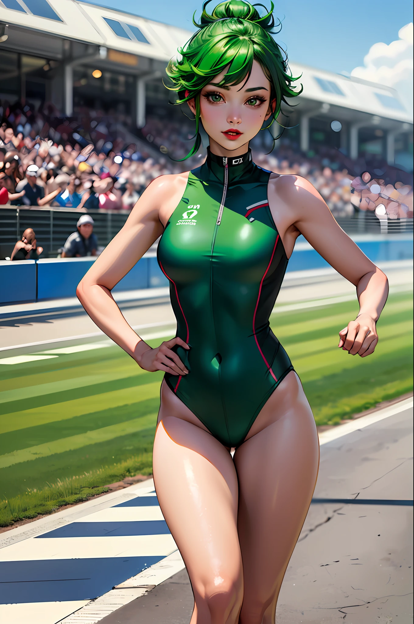 (​masterpiece:1.4)、(top-quality:1.4)、
1girl in, Bewitching Grid Girl, Green head hair, looking at the viewers, 独奏 ,realisitic,(shinny skin),(​masterpiece:1.4),(top-quality:1.4),red-lips,racing venue