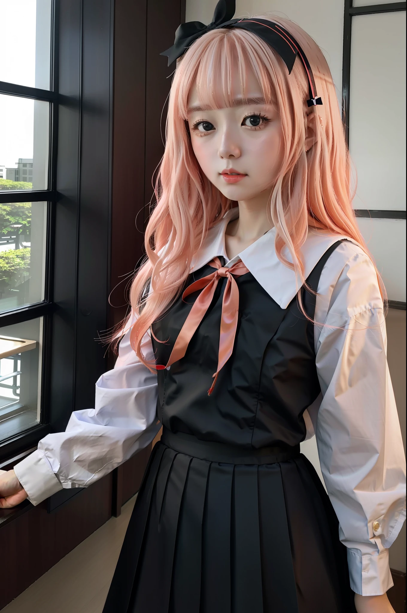 fujiwara chika、top-quality、ultra-detailliert、​masterpiece、独奏、girl with、light peach-colored hair、School uniform、White collar with red ribbon、Black school uniform。