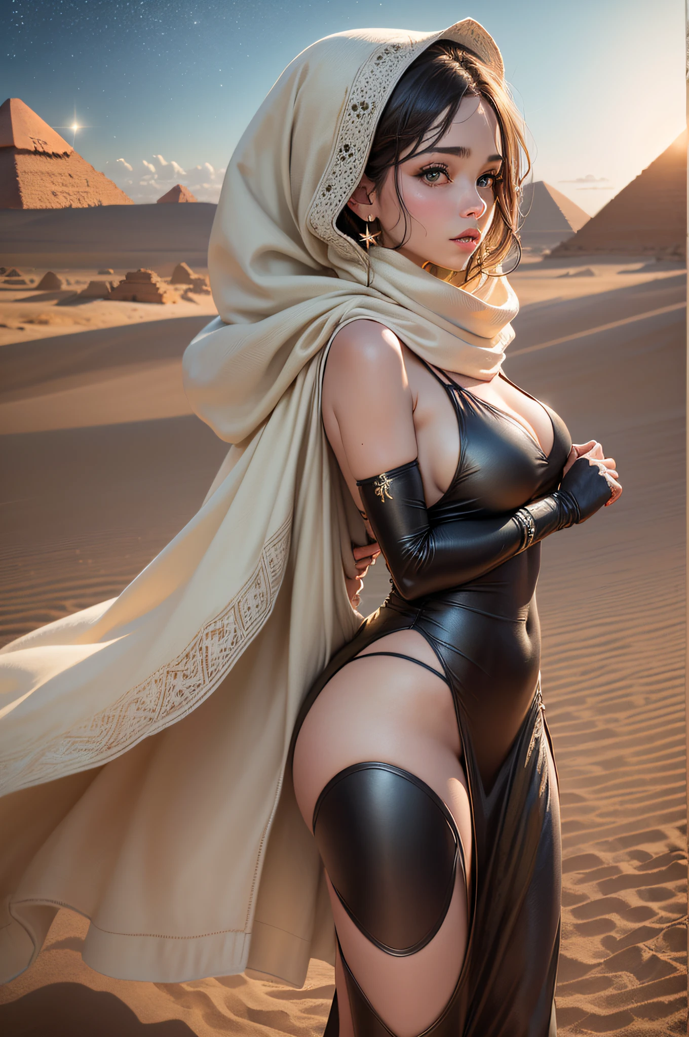 ((hiper-realista, fotorrealista, 8k, detalhes intrincados)) em perspectiva, uma, jovem mulher morena, 19 years of stay (corpo inteiro), donzela do deserto, rainha do deserto, deusa das areias, Linda, yummy firm medium breasts, cabelos pretos cacheados, olhos verdes intensos, pele morena suada e sedosa (textura de pele ultradetalhada) usando um vestido indiano bege, a scarf covering the head, walking barefoot through a desert in Egypt (Detalhe de fundo, Pyramids) ao entardecer (..lua, estrelas, open sky, Limpar detalhes do campo).