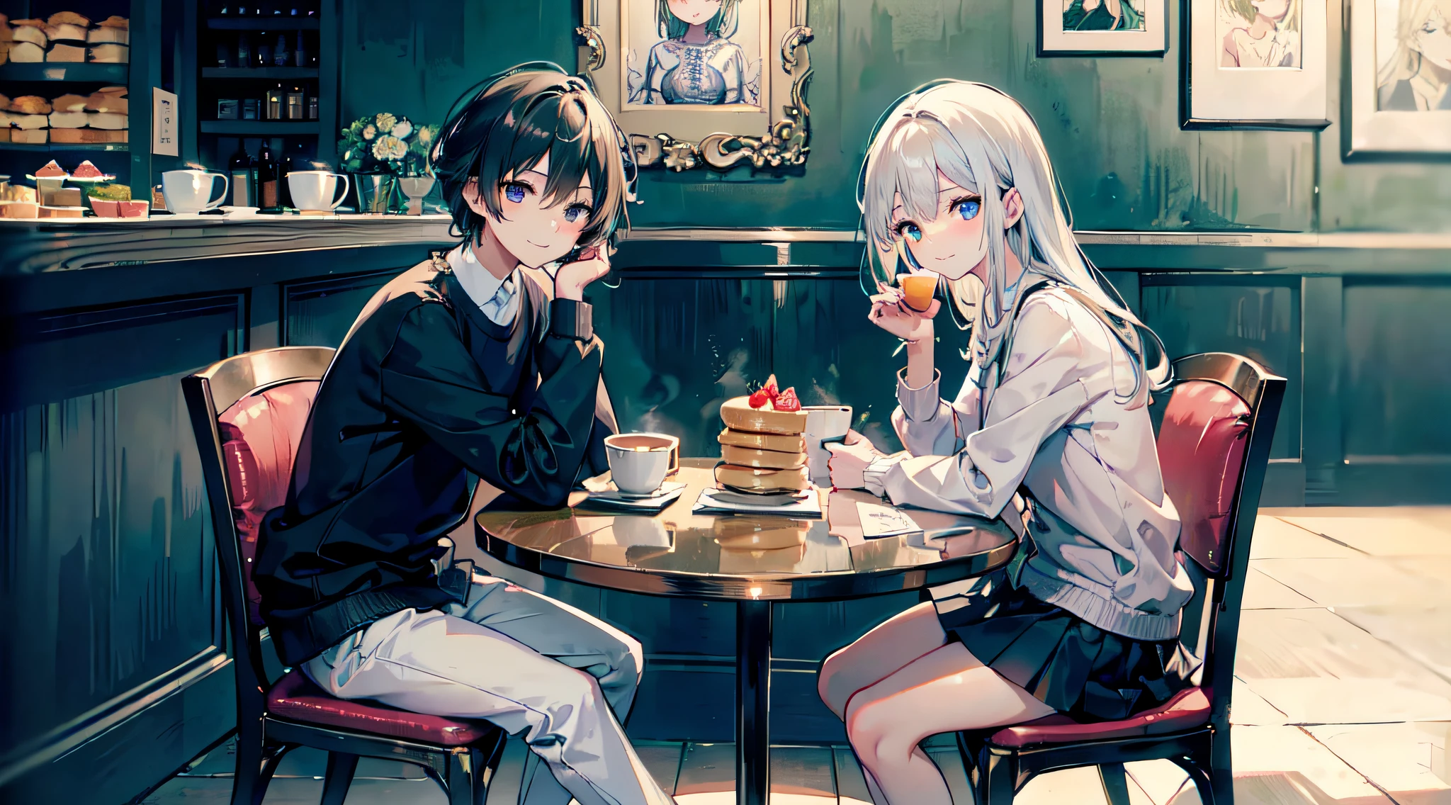 Detailed illustrations down to the smallest detail、masterpiece、Meticulously drawn illustrations、fullllbody、Skeleton faithful to human anatomy、Young beautiful woman 1、Young and cute man 1、Woman in Ensemble Cardigan、Ruddy cheeks、A smile、Woman in white semi-long ruffled skirt、Sitting across from each other at a café table、Fruit decoration2Dambrough pancakes、Man in oversized blue shirt、Man in beige oversized chinos、Man and woman staring at each other