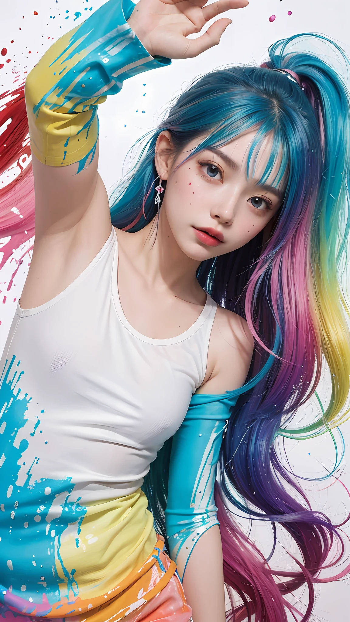（Pink fashion T-shirt：1.9），（Colorful hair：1.8），（Rainbow all colors：1.8），（（（（Vertical painting：1.6)）），（painting of a：1.6），frontage，largeeyes,crystal-clear,（rainbow color gradient high ponytail：1.7）,Delicatemakeup,Keep one's mouth shut,(Small Fresh:1.5),long eyelasher,White shoulder T- shirt, White Shoulder Shirt，looking at viewert，watery big eyes，（plumw：1.6），（Raised sexy：1.6），medium boob，mediuml breasts，(rainbow colour hair：1.6), colored splashing, （Solo：1.8）, colored splashing, Color explosion, Color splattering, Color explosion, Thick lacquer style，Messy lines，((Shining)) ，(Colorful), (Colorful), (Colorful), Colorful, Thick Paint Style, (Splash) (colored splashing), Vertical painting, The upper part of the body, paint splatter, Acrylic Pigment, Gradient, Paint, Highest image quality, Highest image quality, Masterpiece, Solo, Depth of field, facepaint, Colorful clothes, (ellegance: 1.2), opulent, long whitr hair, ventania, (ellegance: 1.3), (petals: 1.4)，(((Masterpiece))),(((Best quality at best))),((ultra - detailed)),(illustratio),(dynamic angle),((floatking)),(Paintwork),((Loose hair)),(Solo),(1girll) , (( (Detailed anima face))),((Beautiful detailed face)),collars,exposed bare shoulders,whaite hair,((The color hair)),((Striped hair)),Beautiful detailed eyes,(Gradient color eyes),(( （Colored eyes））），（（（coloured background））），（（（high saturated））），（（（Surrounded by colorful splashes））），