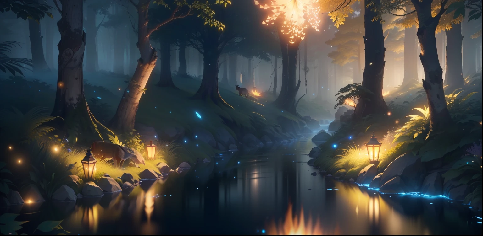 Masterpiece, best quality, (very detailed CG unified 8k wallpaper), (best quality), (best illustration), (best shadow), glowing elf with a glowing deer, drinking water in the pool, natural elements in forest theme. Mysterious forest, beautiful forest, nature, surrounded by flowers, delicate leaves and branches surrounded by fireflies (natural elements), (jungle theme), (leaves), (branches), (fireflies), (particle effects) and other 3D, Octane rendering, ray tracing, super detailed , deer --v6