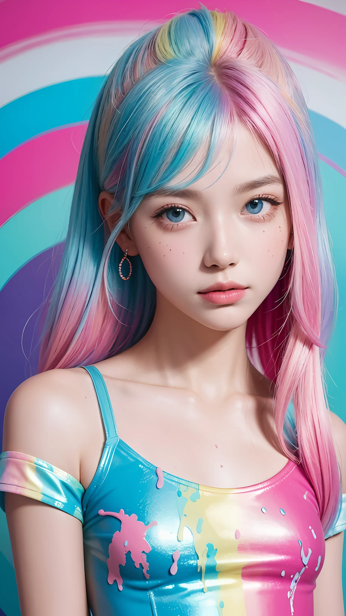 (Pink fashion T-shirt:1.9),(Colorful hair:1.8),(Rainbow all colors:1.8),((((Vertical painting:1.6))),(painting of a:1.6),frontage,largeeyes,crystal-clear,(rainbow color gradient high ponytail:1.7),Delicatemakeup,Keep one's mouth shut,(Small Fresh:1.5),long eyelasher,White shoulder T- shirt, White Shoulder Shirt,looking at viewert,watery big eyes,(plumw:1.6),(Raised sexy:1.6),(medium boob:1.9),mediuml breasts,(rainbow colour hair:1.6), colored splashing, (Solo:1.8), colored splashing, Color explosion, Color splattering, Color explosion, Thick lacquer style,Messy lines,((Shining)) ,(Colorful), (Colorful), (Colorful), Colorful, Thick Paint Style, (Splash) (colored splashing), Vertical painting, The upper part of the body, paint splatter, Acrylic Pigment, Gradient, Paint, Highest image quality, Highest image quality, Masterpiece, Solo, Depth of field, facepaint, Colorful clothes, (ellegance: 1.2), opulent, long whitr hair, ventania, (ellegance: 1.3), (petals: 1.4),(((Masterpiece))),(((Best quality at best))),((ultra - detailed)),(illustratio),(dynamic angle),((floatking)),(Paintwork),((Loose hair)),(Solo),(1girll) , (( (Detailed anima face))),((Beautiful detailed face)),collars,exposed bare shoulders,whaite hair,((The color hair)),((Striped hair)),Beautiful detailed eyes,(Gradient color eyes),(( (Colored eyes))),(((coloured background))),(((high saturated))),(((Surrounded by colorful splashes))),