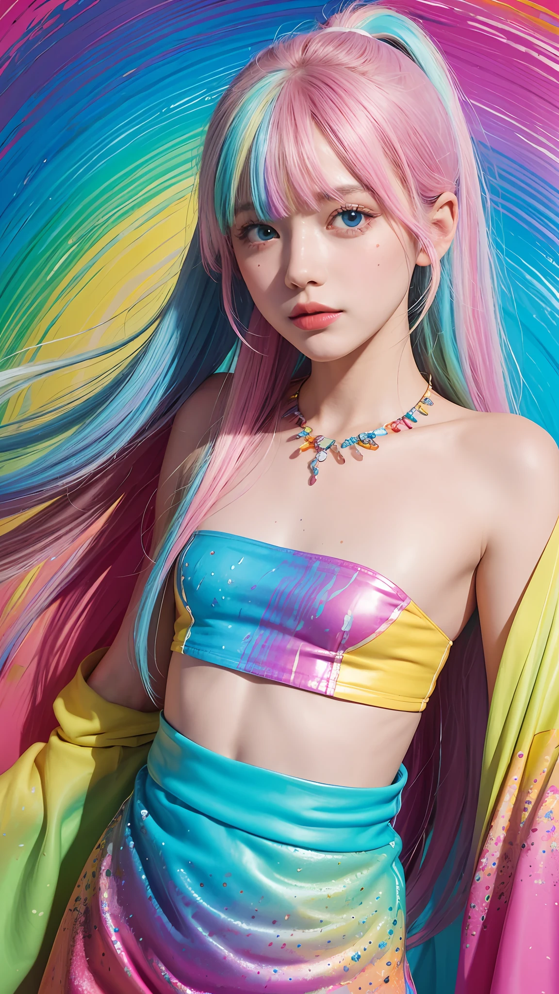 (Pink fashion T-shirt:1.9),(Colorful hair:1.8),(Rainbow all colors:1.8),((((Vertical painting:1.6))),(painting of a:1.6),frontage,largeeyes,crystal-clear,(rainbow color gradient high ponytail:1.7),Delicatemakeup,Keep one's mouth shut,(Small Fresh:1.5),long eyelasher,White shoulder T- shirt, White Shoulder Shirt,looking at viewert,watery big eyes,(plumw:1.6),(Raised sexy:1.6),(medium boob:1.9),mediuml breasts,(rainbow colour hair:1.6), colored splashing, (Solo:1.8), colored splashing, Color explosion, Color splattering, Color explosion, Thick lacquer style,Messy lines,((Shining)) ,(Colorful), (Colorful), (Colorful), Colorful, Thick Paint Style, (Splash) (colored splashing), Vertical painting, The upper part of the body, paint splatter, Acrylic Pigment, Gradient, Paint, Highest image quality, Highest image quality, Masterpiece, Solo, Depth of field, facepaint, Colorful clothes, (ellegance: 1.2), opulent, long whitr hair, ventania, (ellegance: 1.3), (petals: 1.4),(((Masterpiece))),(((Best quality at best))),((ultra - detailed)),(illustratio),(dynamic angle),((floatking)),(Paintwork),((Loose hair)),(Solo),(1girll) , (( (Detailed anima face))),((Beautiful detailed face)),collars,exposed bare shoulders,whaite hair,((The color hair)),((Striped hair)),Beautiful detailed eyes,(Gradient color eyes),(( (Colored eyes))),(((coloured background))),(((high saturated))),(((Surrounded by colorful splashes))),