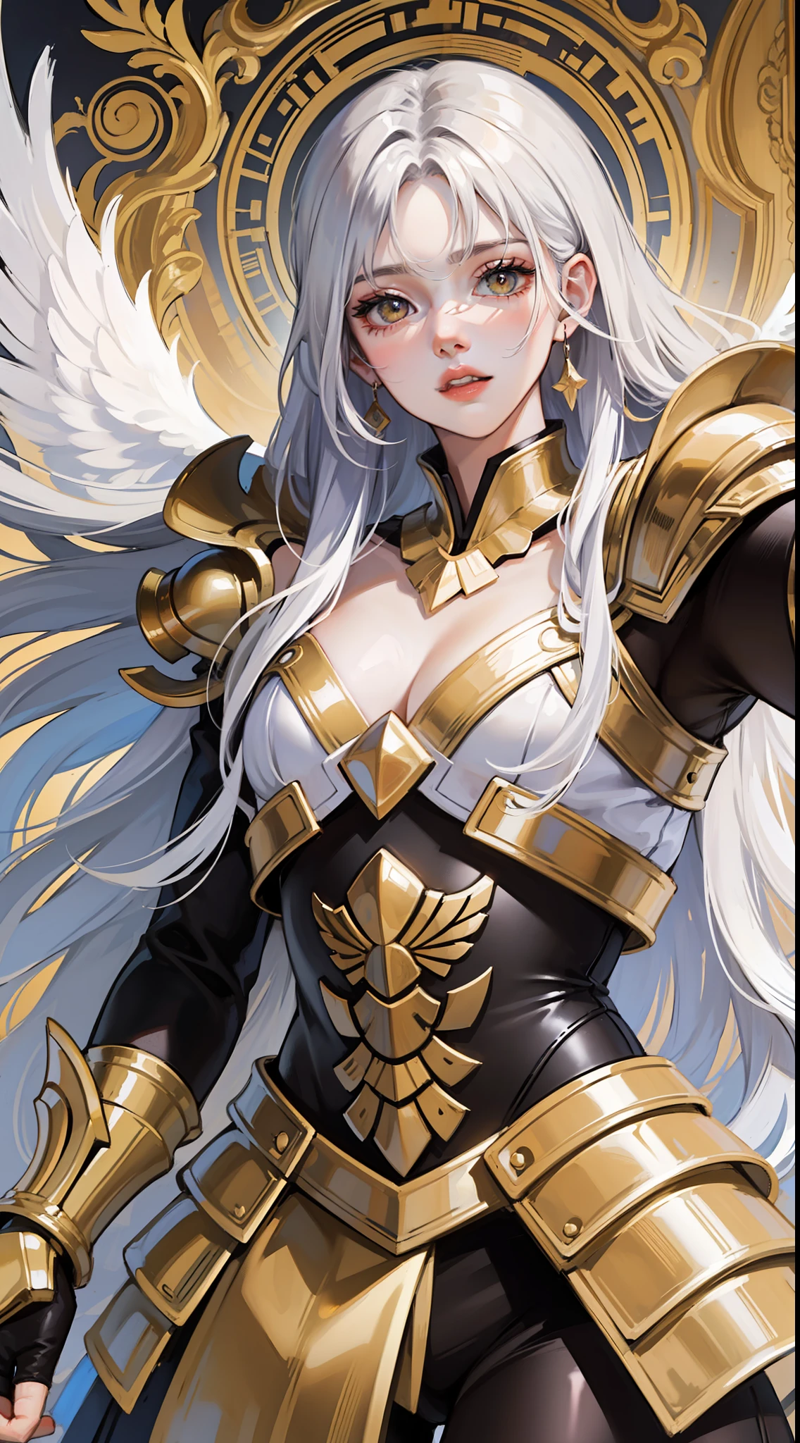 Adult guy, Long white hair, golden eyes, angel armor, open arms, Masterpiece, hiquality