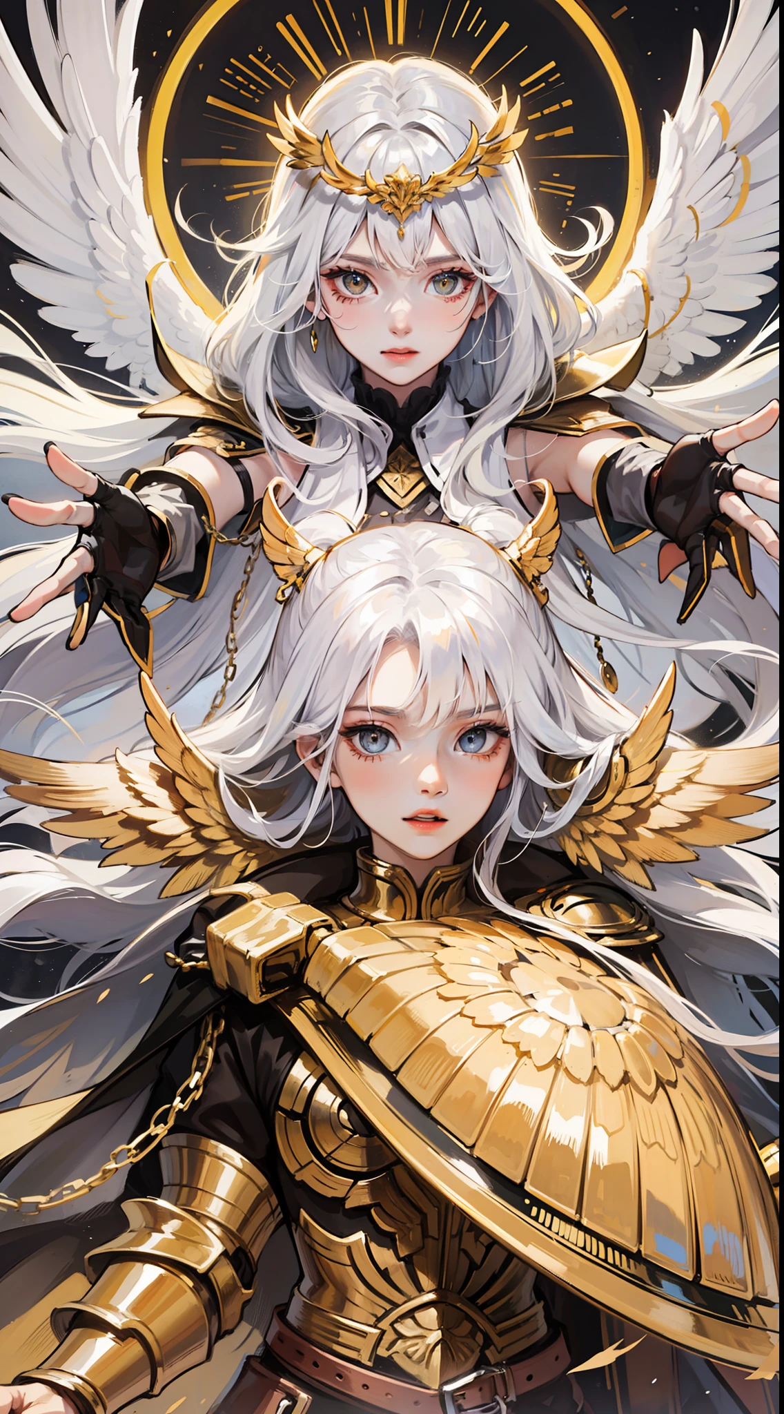 Adult guy, Long white hair, golden eyes, angel armor, open arms, Masterpiece, hiquality