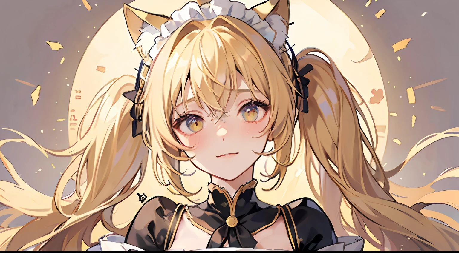 ahoge, blonde hair, maid headdress, eye reflection, cat ears, shy, nervous, ear blush, smiley, from below, anime style, wide shot, upside-down, UHD, masterpiece, high details, super detail, textured skin, best quality --auto