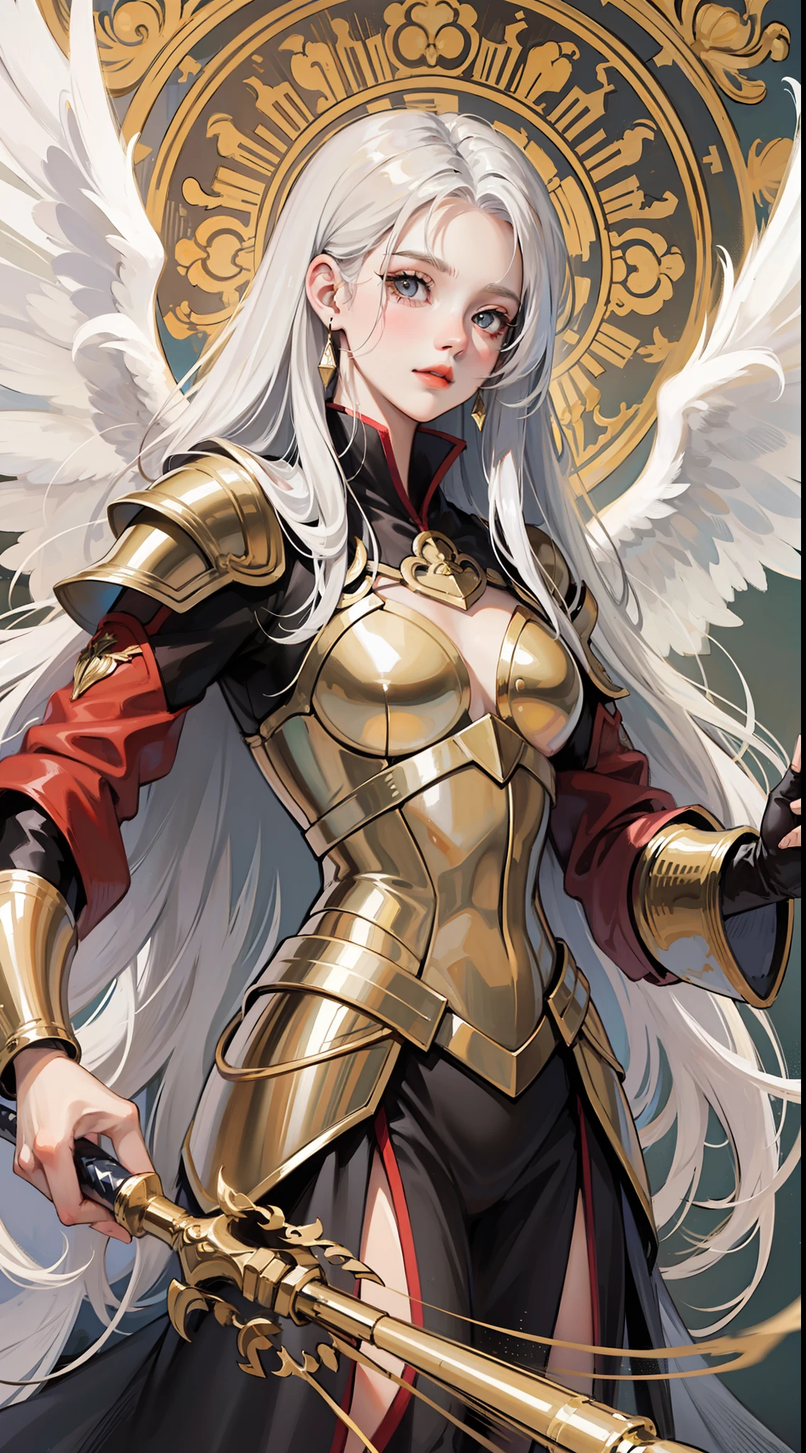 Adult guy, Long white hair, golden eyes, angel armor, open arms, Masterpiece, hiquality