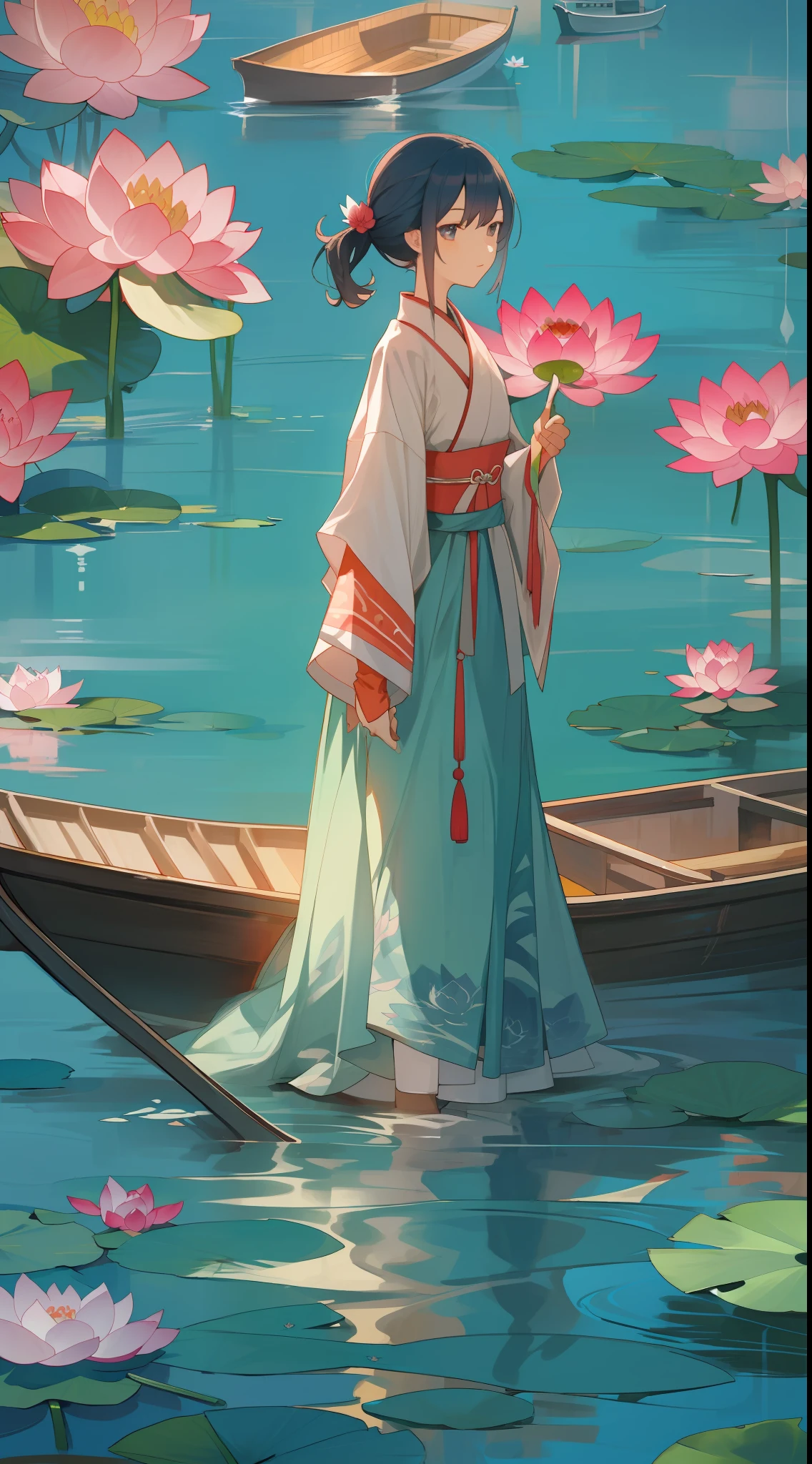 夏天，The sun shines on the water，Watermelon on the surface，Blue water，Cool，There are lotus flowers on the surface of the water，There are boats on the water，A girl sits on a boat in a long dress，k hd，Poster style